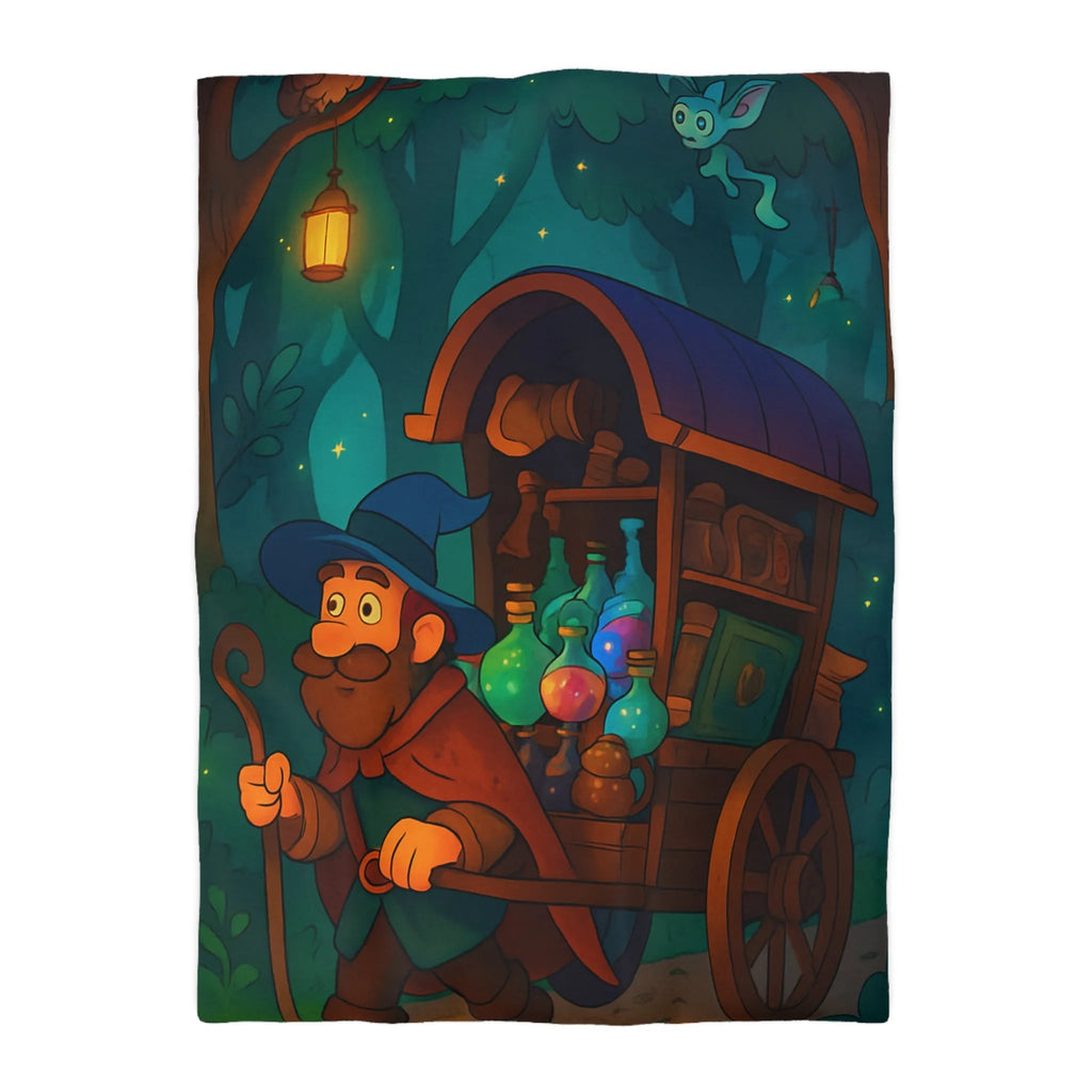 Housse de couette enchantée avec chariot de potions et créatures fantastiques