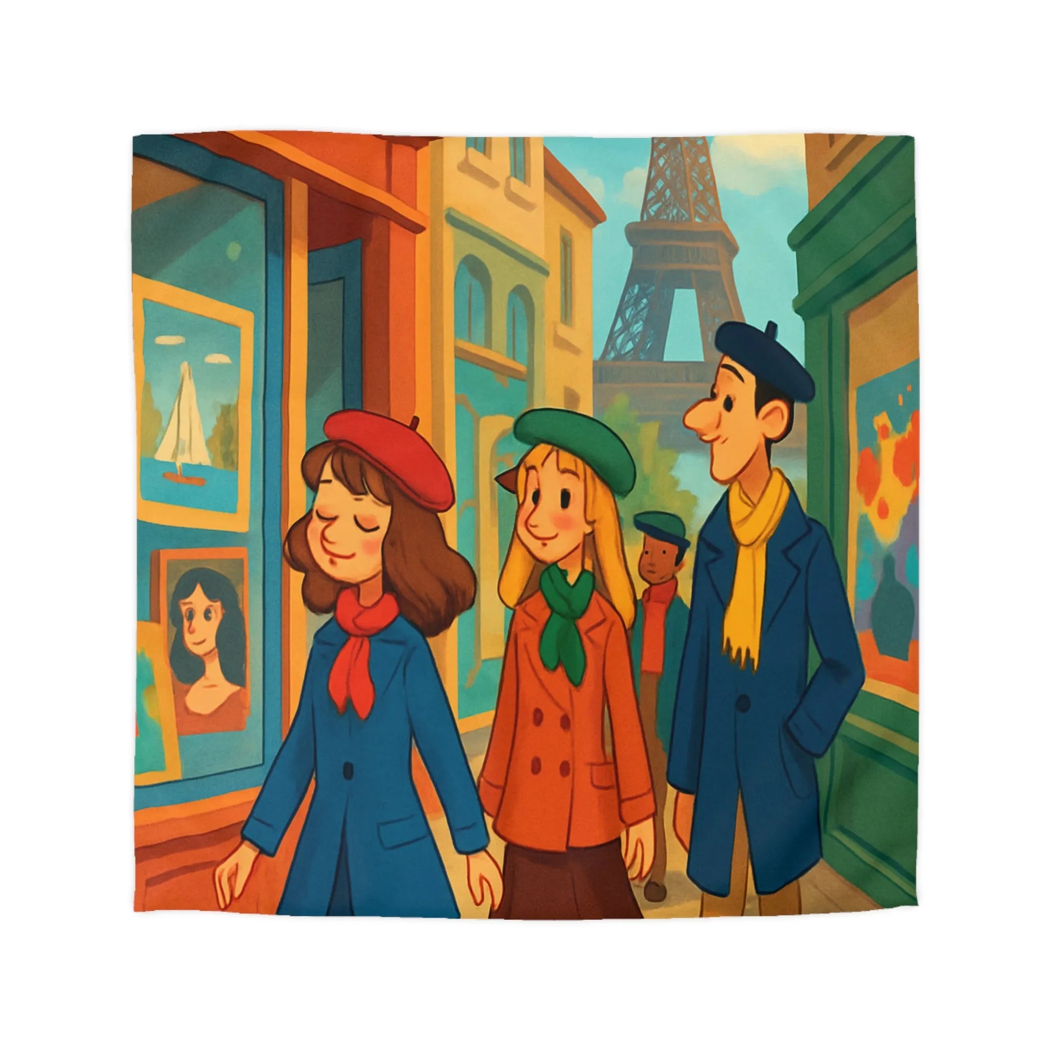 Housse de couette illustrée Paris promenade style rétro avec amis et Tour Eiffel