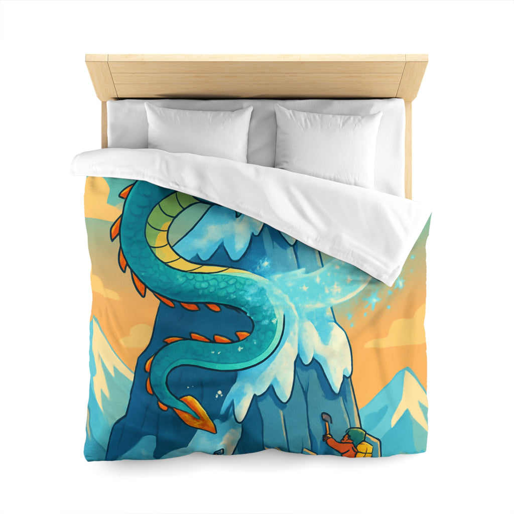 Montagne enneigée gardée par un dragon crachant de la glace, aventure épique illustrée