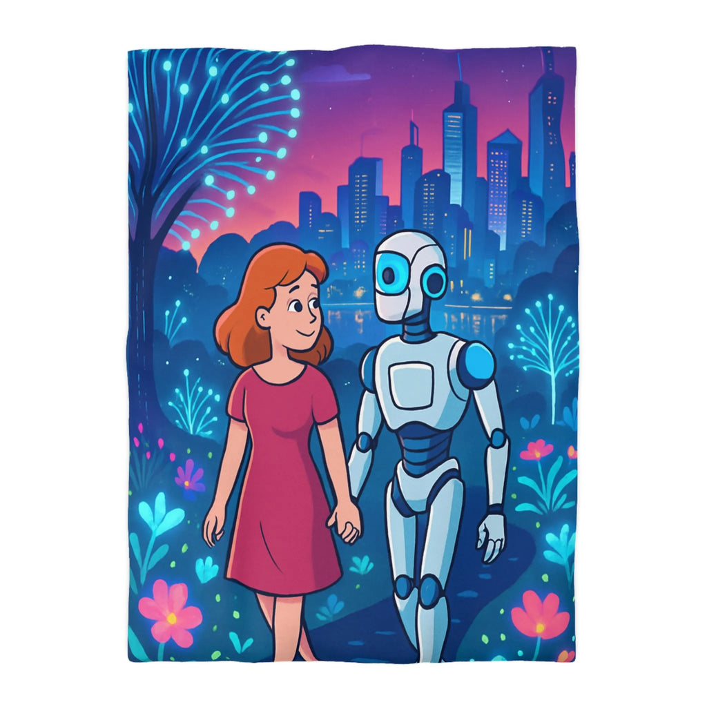 Housse de Couette Enchantée: Enfant et Robot dans un Univers Coloré et Futuriste