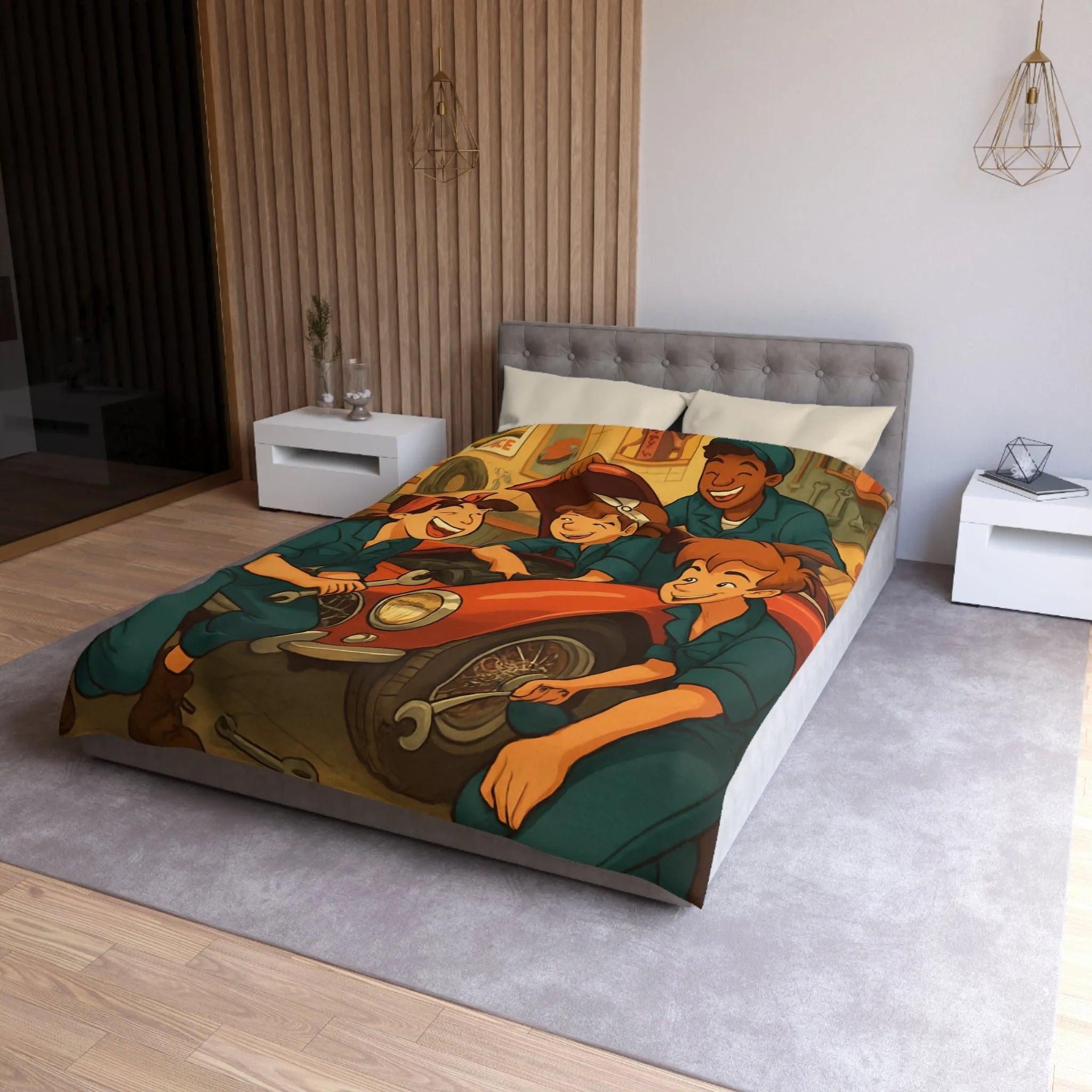 Housse de couette atelier mécanique vintage avec jeunes mécaniciens et voiture rouge joyeuse