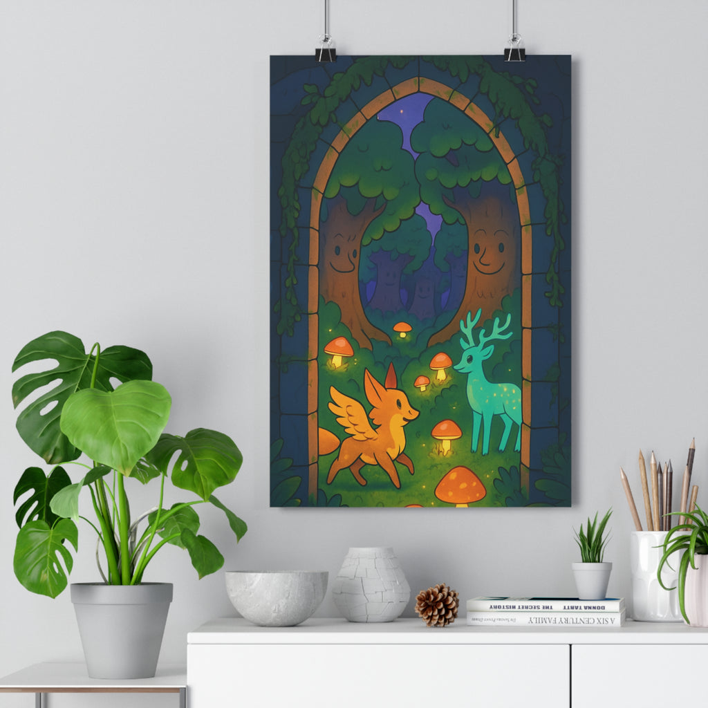 Poster décoratif forêt enchantée bleu vert orange magique mystique chambre enfant salon art design