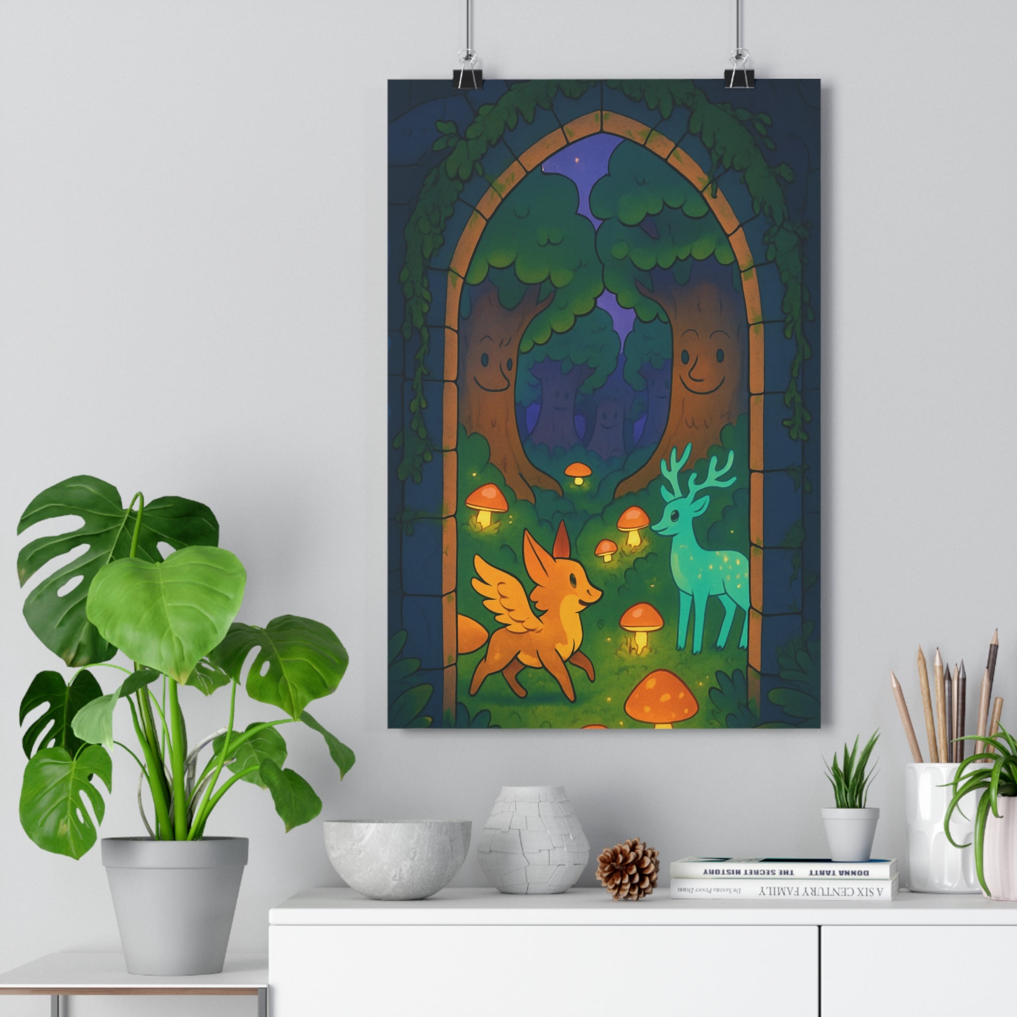 Poster décoratif forêt enchantée bleu vert orange magique mystique chambre enfant salon art design