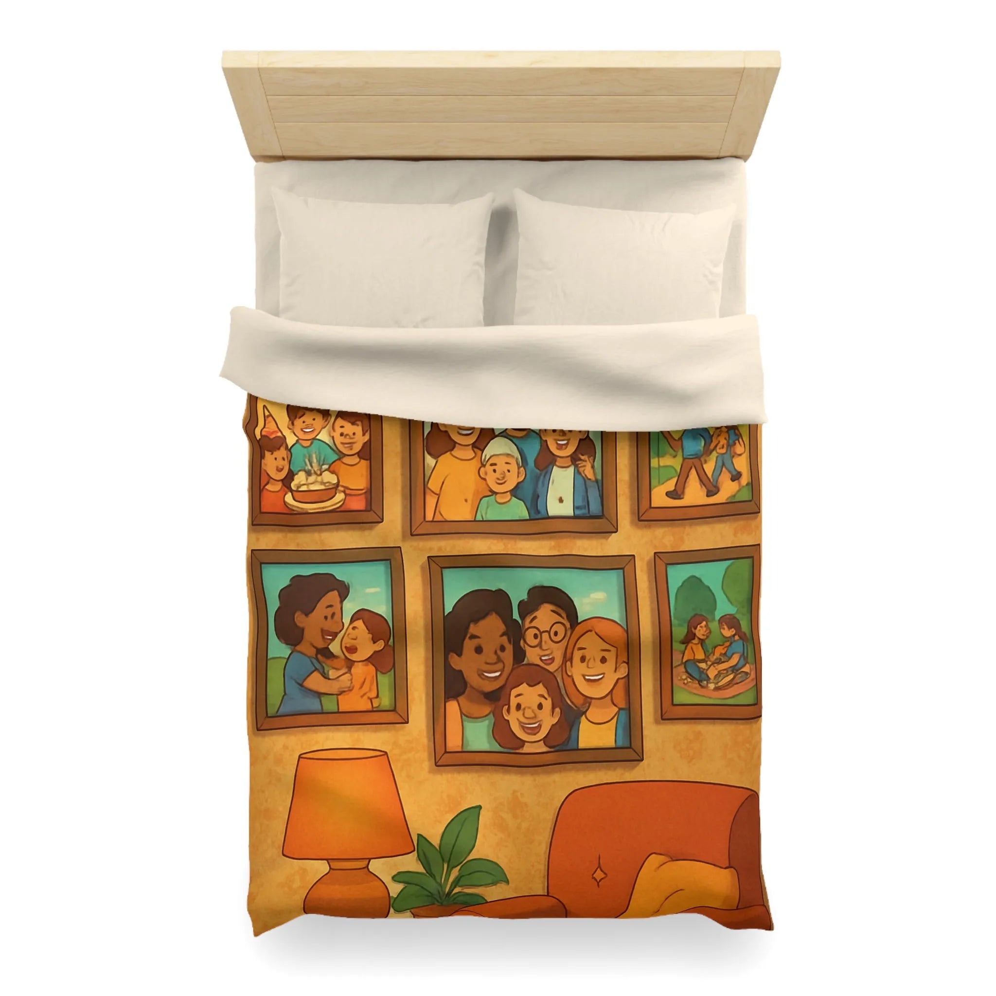 Housse de Couette Famille Heureuse avec Cadres Photo et Éléments Vintage pour Chambre