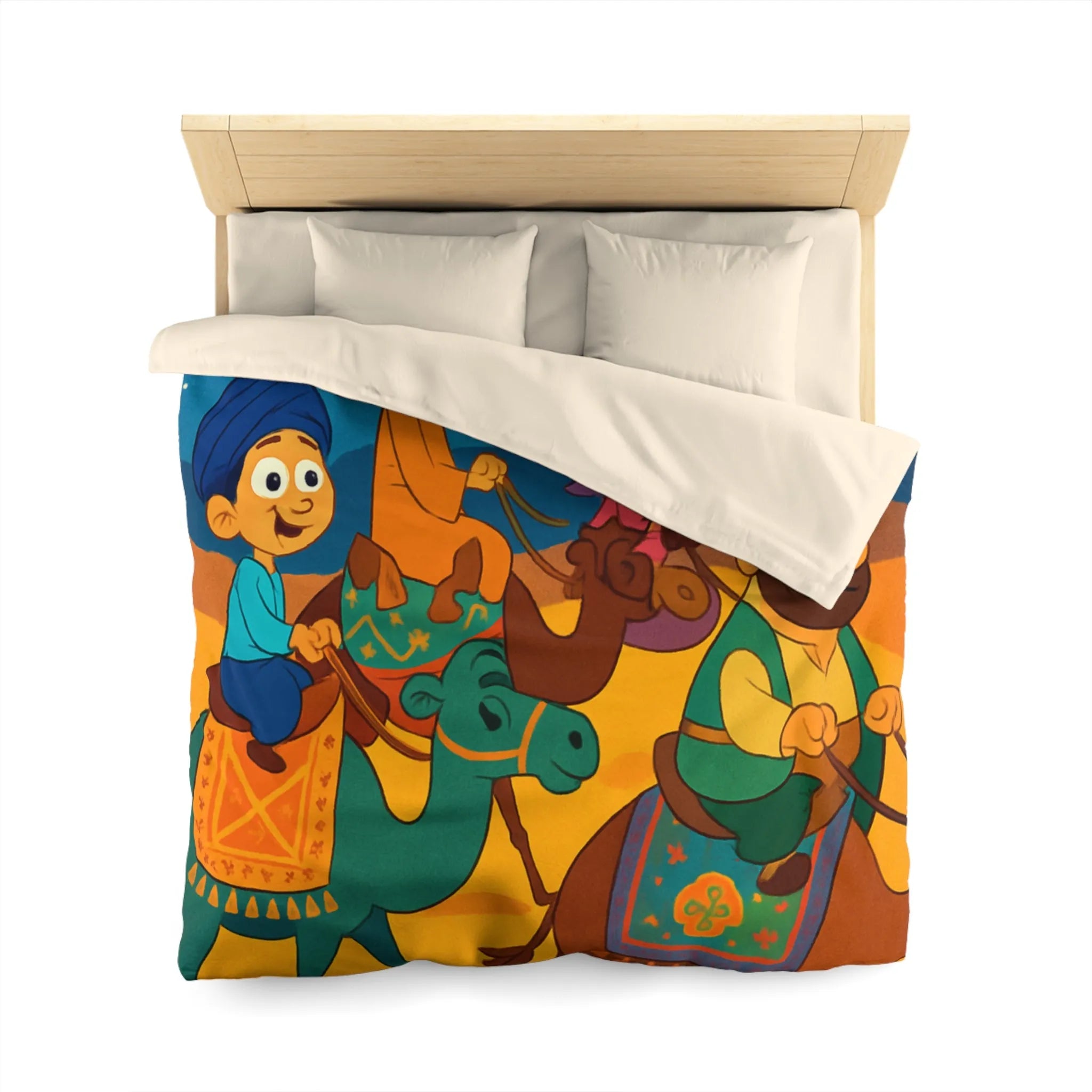 Housse de couette illustrée des enfants et chameaux sous un ciel étoilé magique