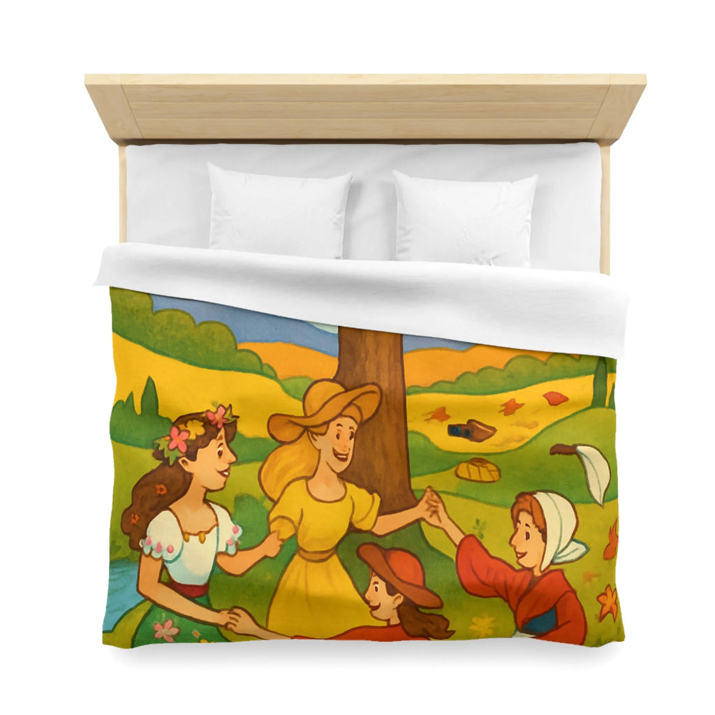 Housse de couette champêtre aux motifs de danseuses rondes et paysage bucolique coloré