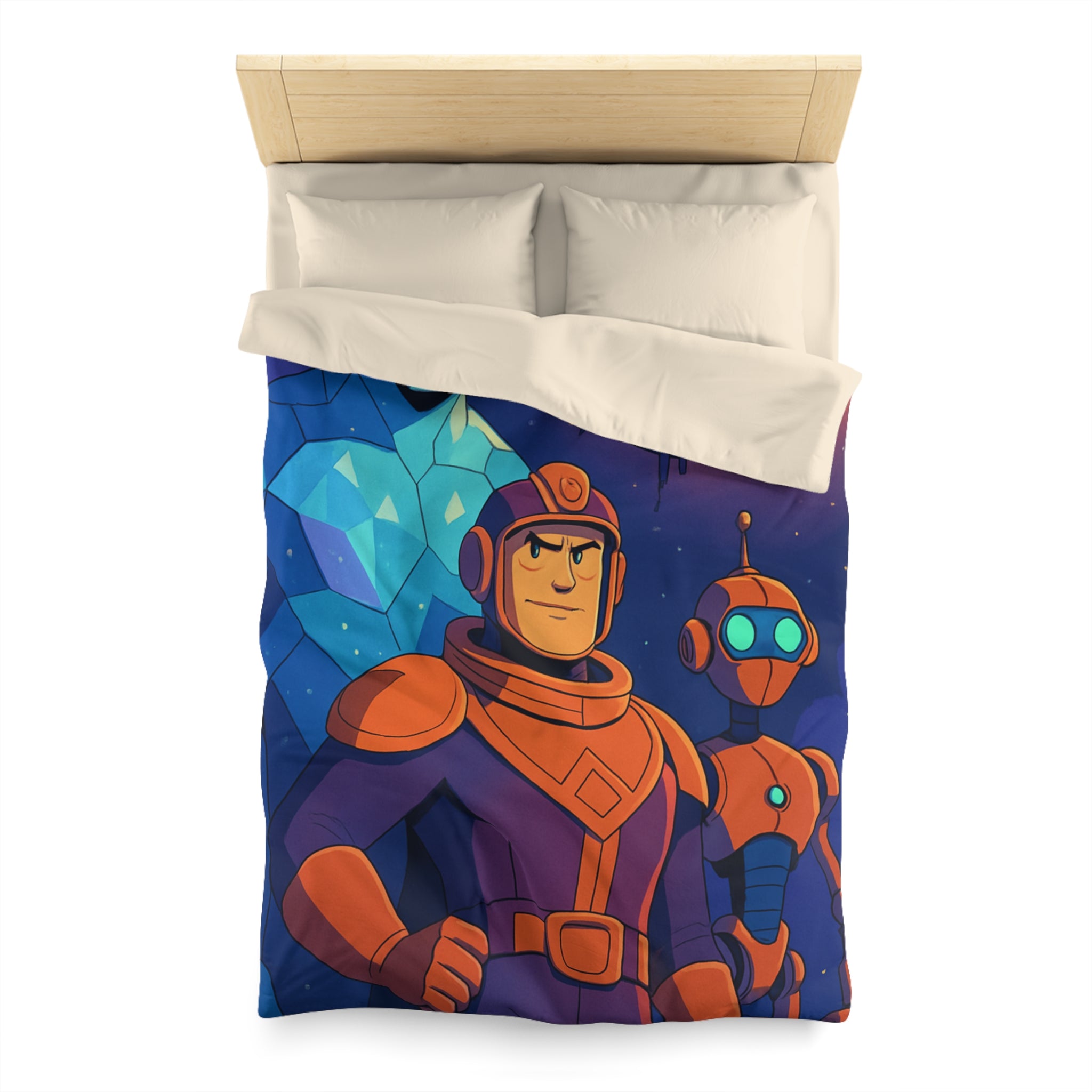 Housse de Couette Space Adventure: Héros, Robot et Alien Sous Lune Éclatante