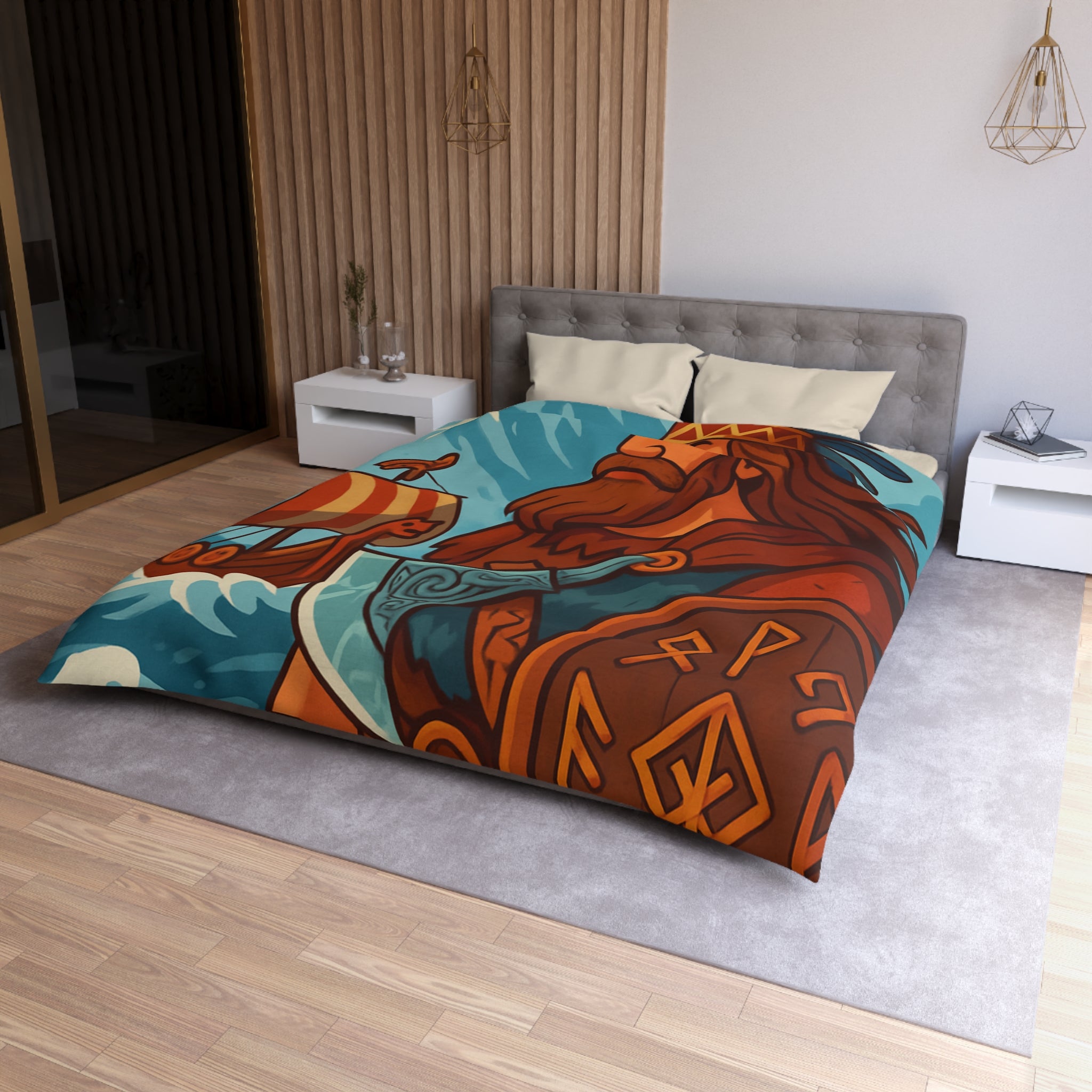 Housse de couette viking avec guerrier, montagne, navire, mer, motifs runiques