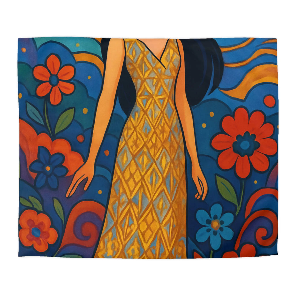 Housse de couette artistique avec motif floral vibrant et silhouette élégante féminine