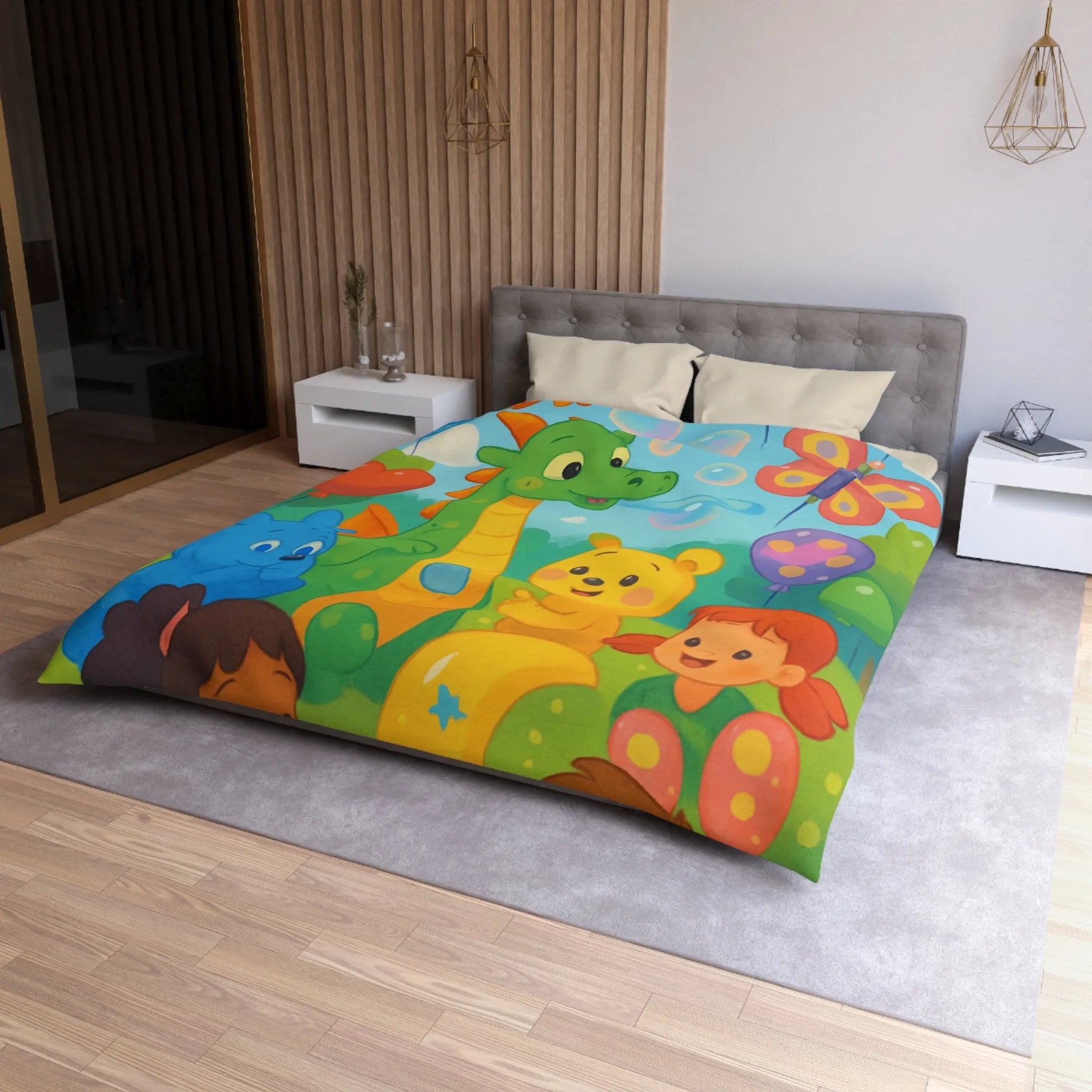 Housse de Couette Enfant Fantaisie Animaux et Ballons Colorés pour Chambre Féérique