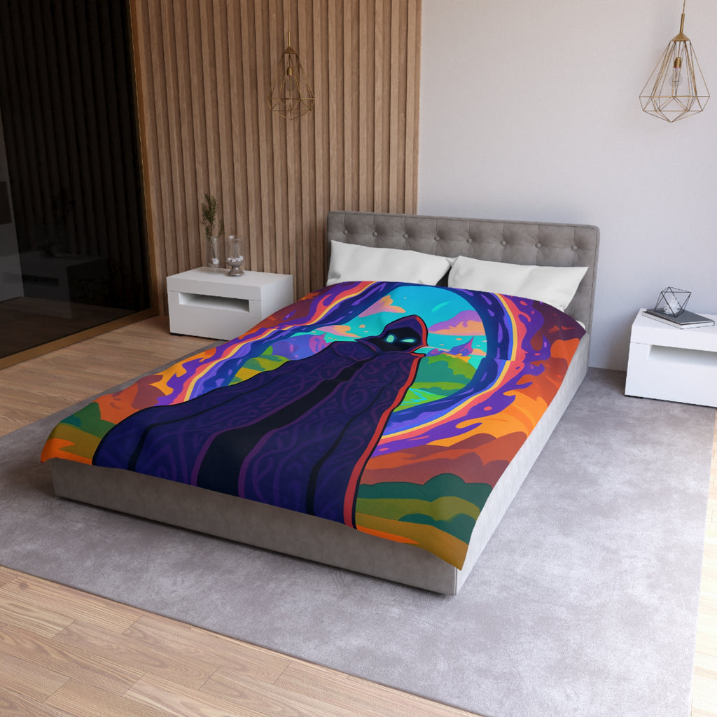 Mystérieux paysage enchanté avec mage en robe près du portail vibrant coloré