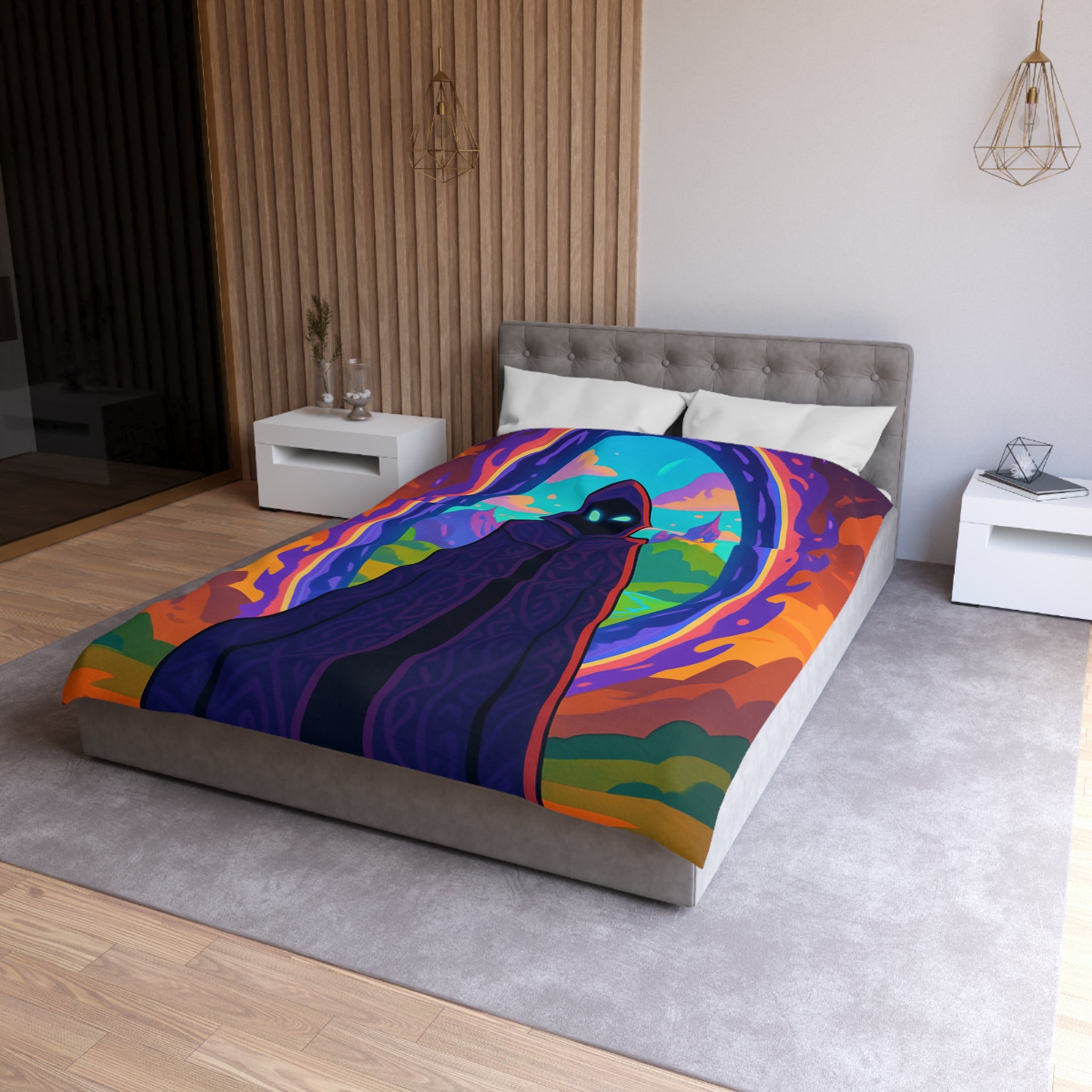 Mystérieux paysage enchanté avec mage en robe près du portail vibrant coloré