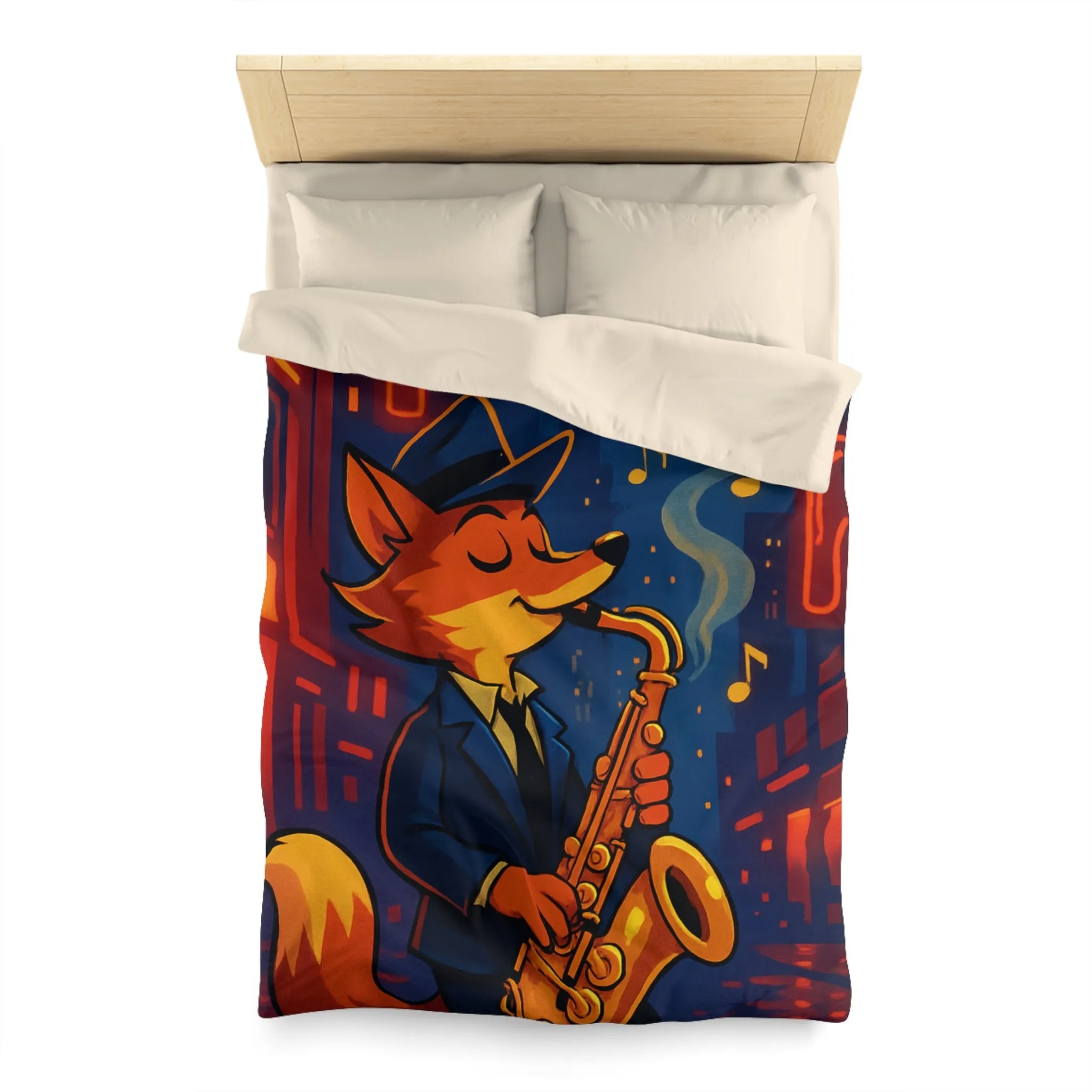 Housse de Couette Jazz de Rue avec Renard Jouant du Saxophone Sous les Réverbères