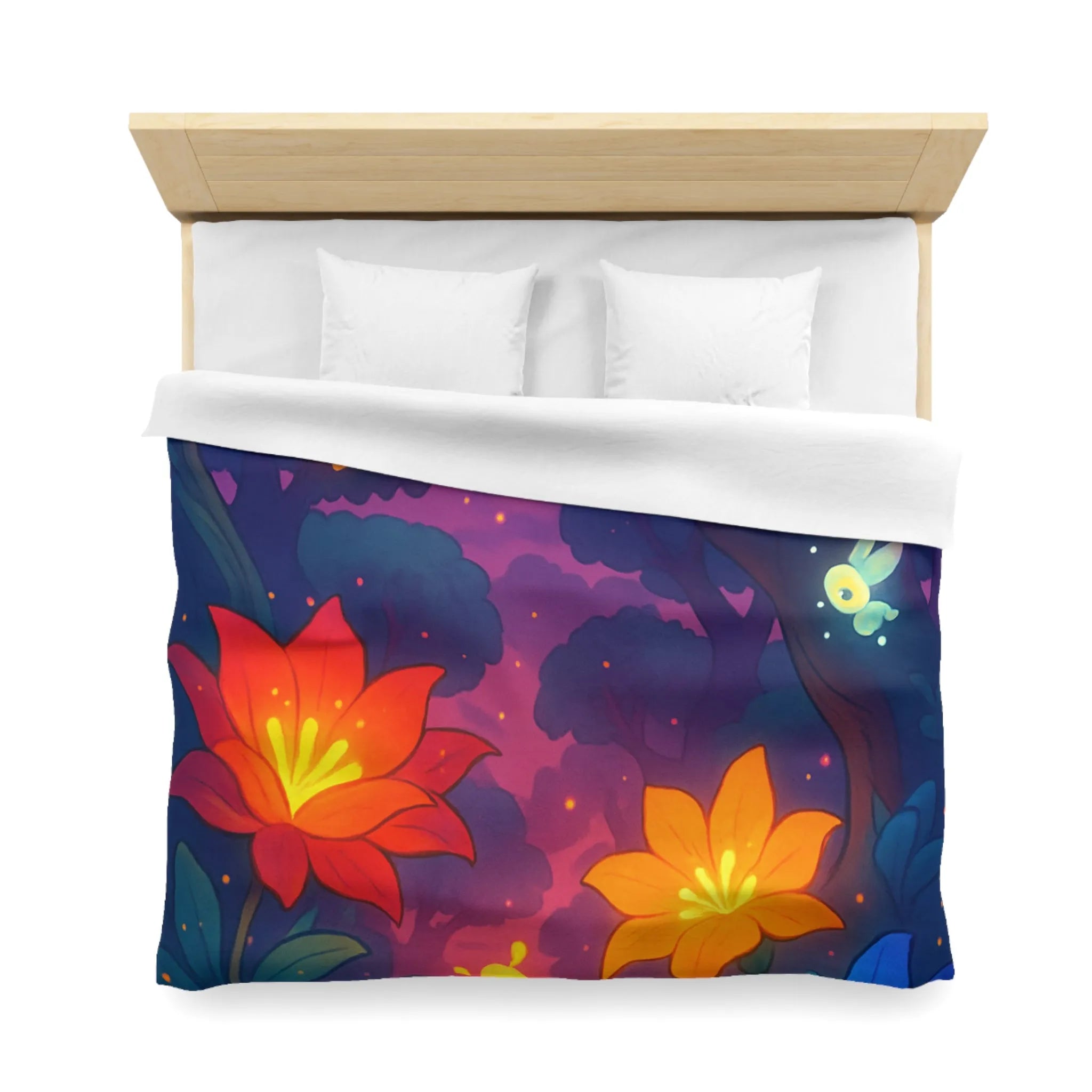 Housse de Couette avec Fleurs Lumineuses et Paysage Enchanté de Forêt Magique Nocturne