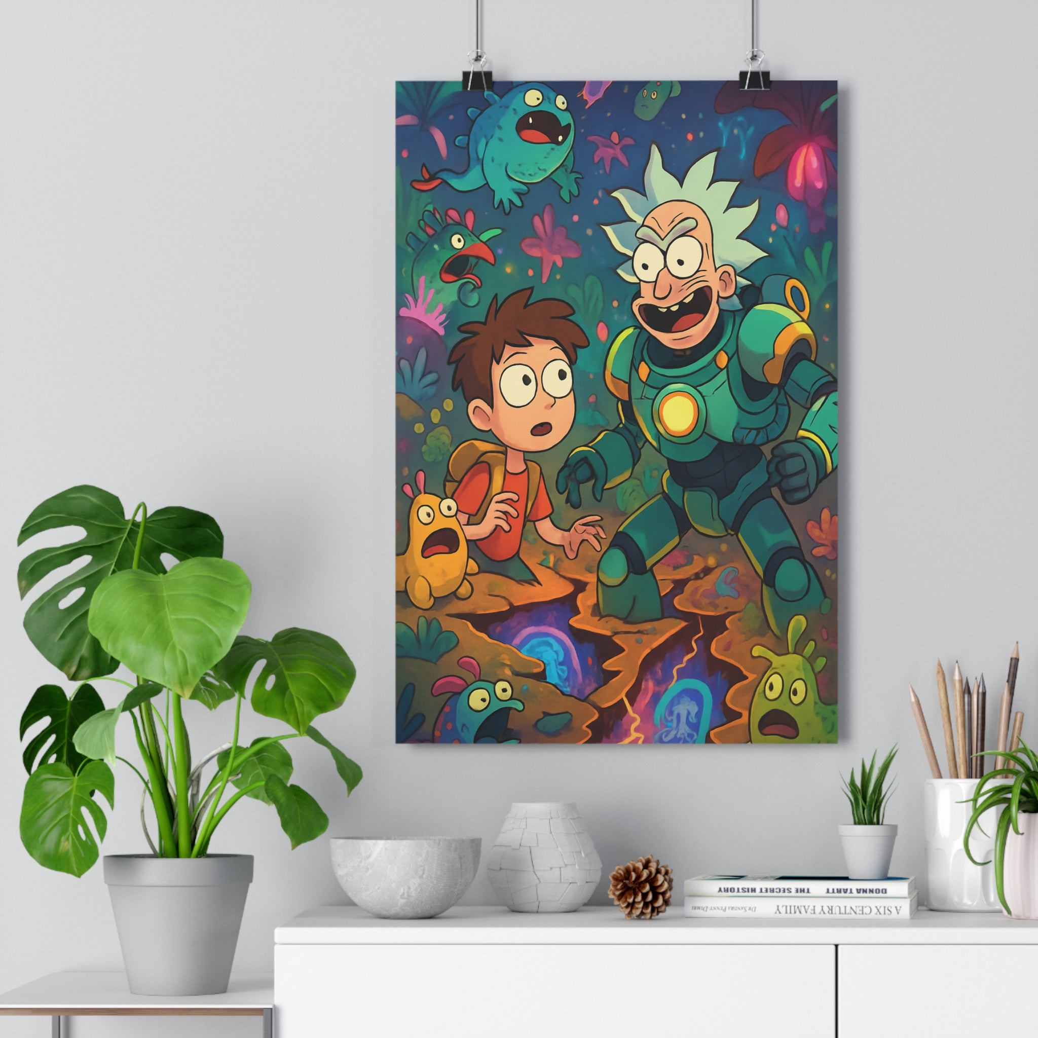 Poster décoratif moderne cartoon néon vibrant aventure chambre bureau créatures fantastique 30x46 extraterrestre qualité