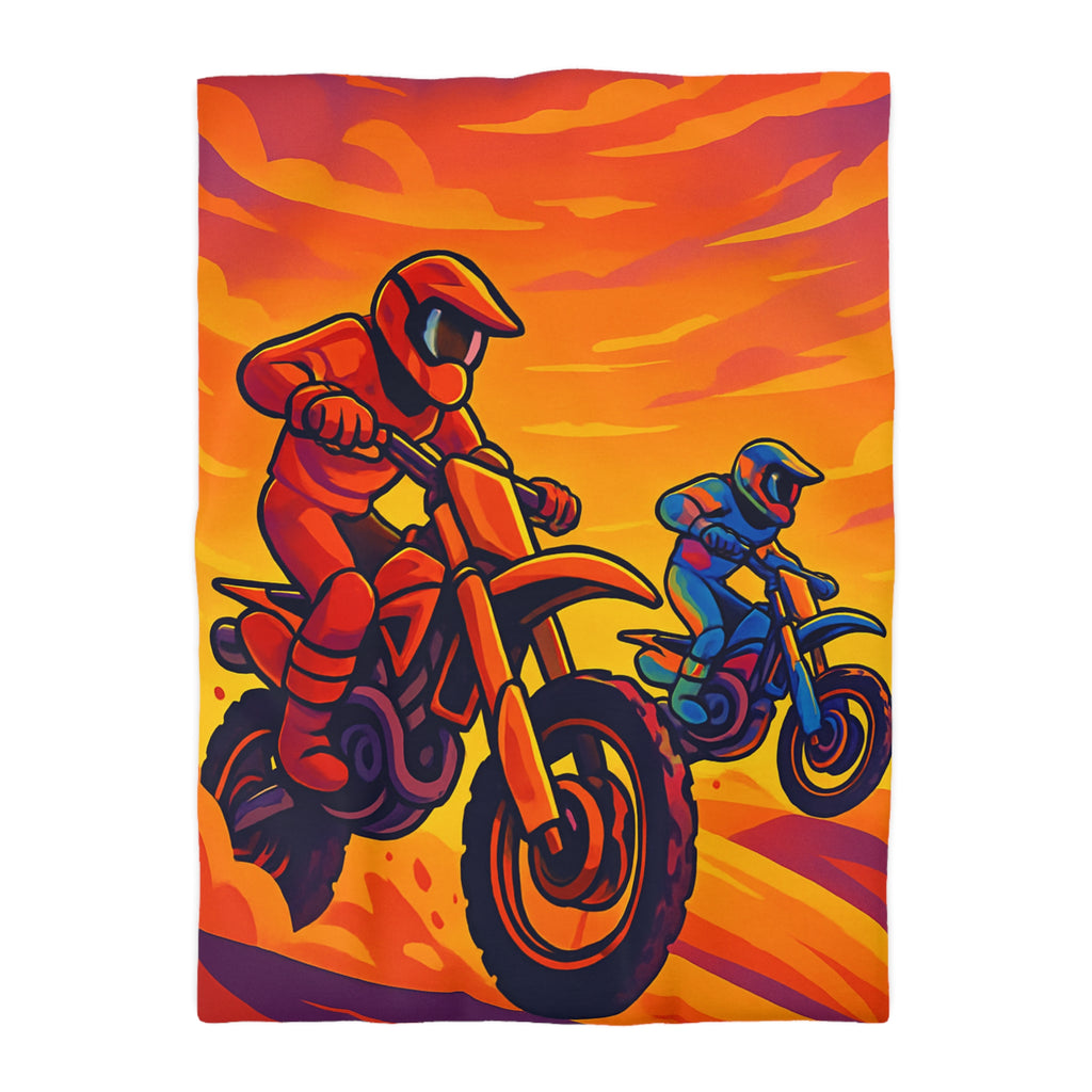 Housse de couette moto aventure: dynamique, couleurs vives, coucher de soleil dramatique