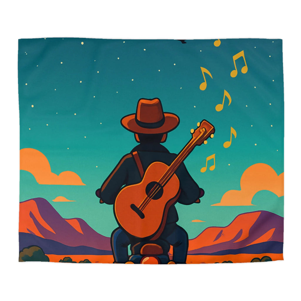Housse de couette illustrée avec musicien en moto sous ciel étoilé et montagnes