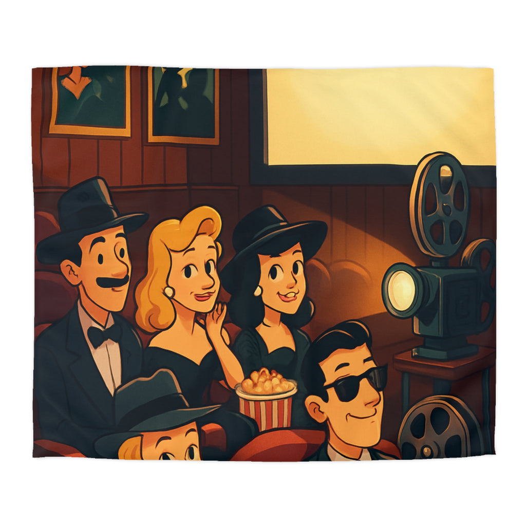 Housse de Couette Rétro Cinéma avec Scène de Spectateurs Élégants et Projecteur