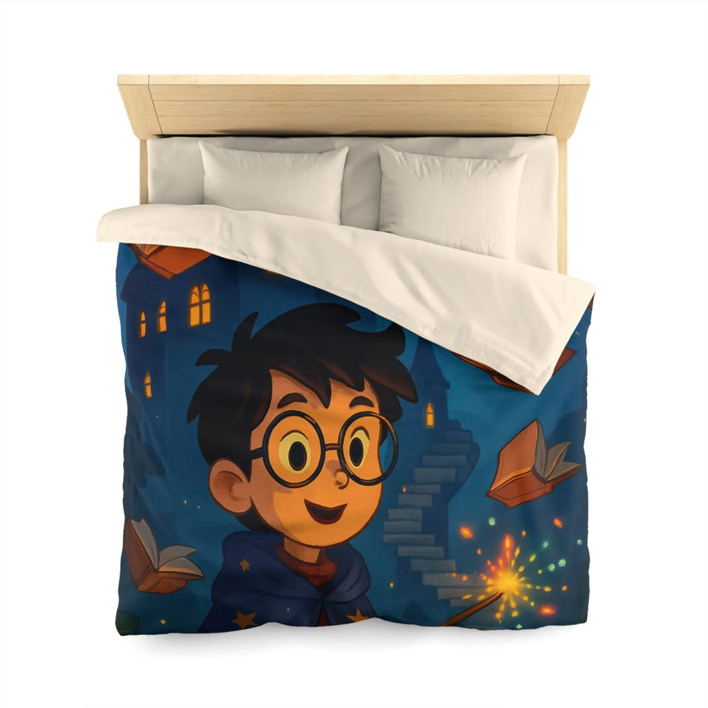 Housse de couette magique avec sorcier, hibou, château et livres enchantés étoiles