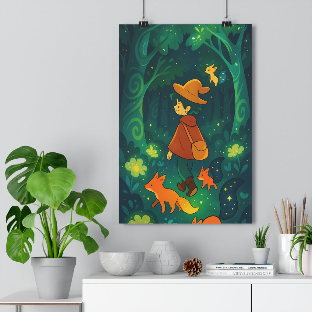 Poster décoratif forêt enchantée vert orange personnage cartoon magique mystique féerique chambre salon bureau