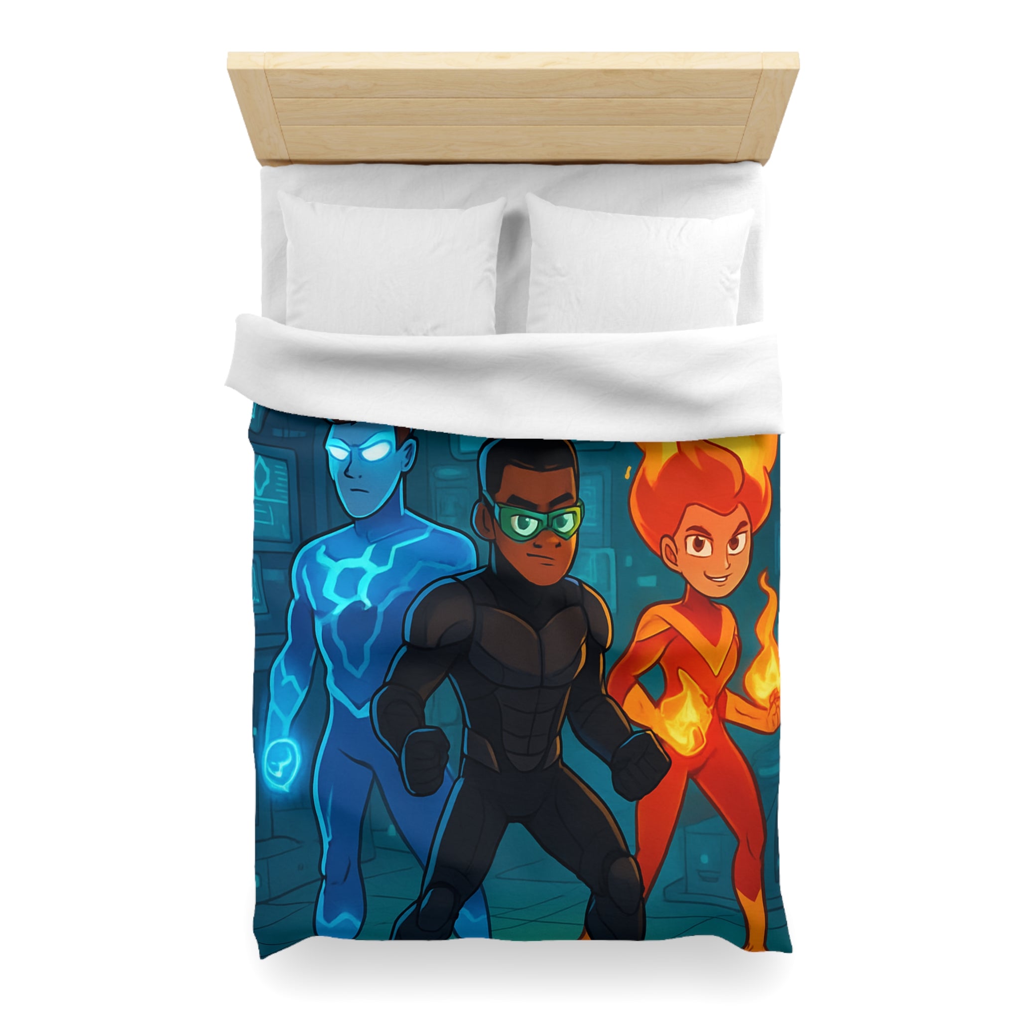 Housse de couette super-héros colorée avec motifs de feu, glace et technologie futuriste