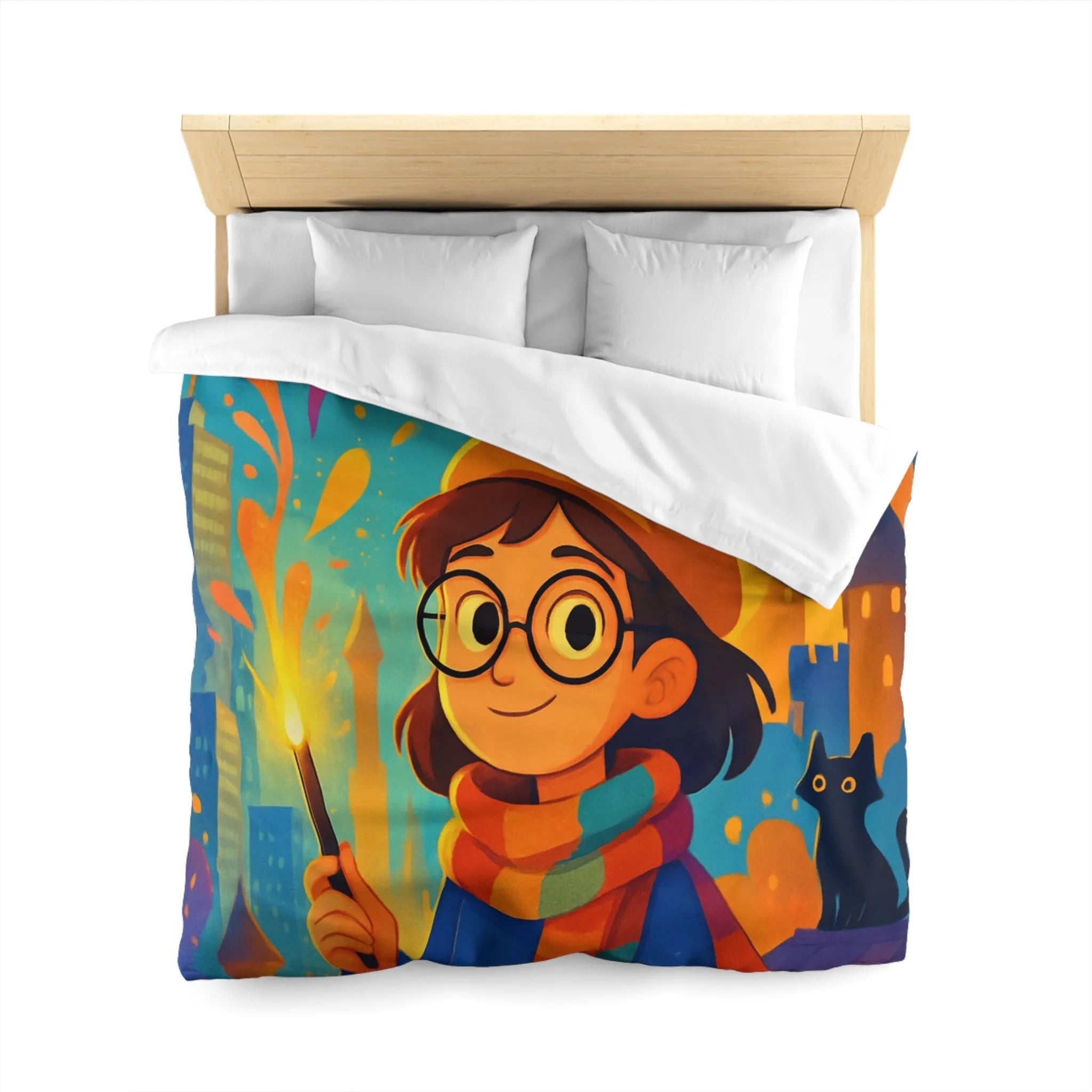 Housse de Couette Éclatante: Jeune Magicienne aux Couleurs Vives et Château Mystérieux