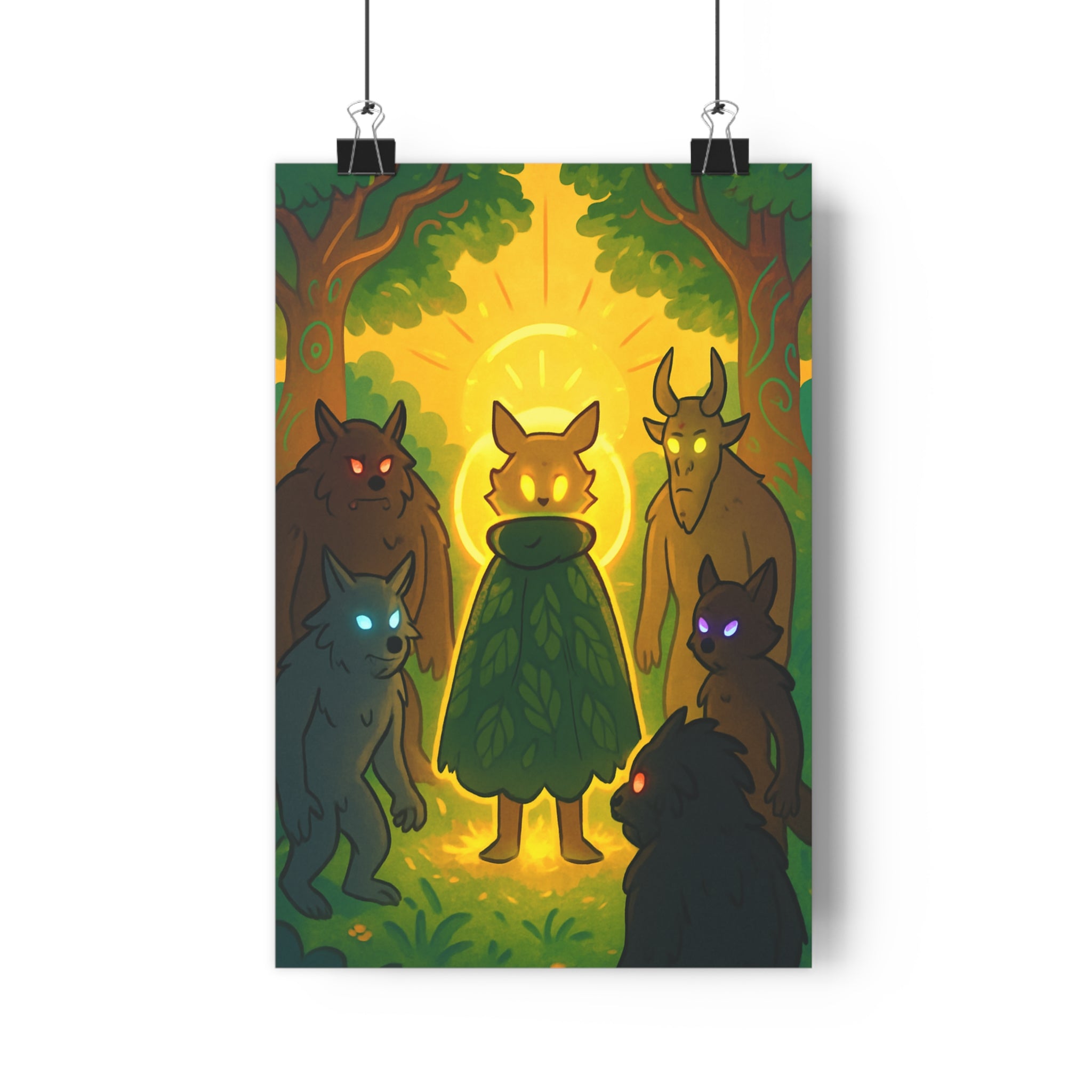 Poster décoratif forêt enchantée aube vert jaune cartoon mystique chambre enfant créatures lumineuses ambiance