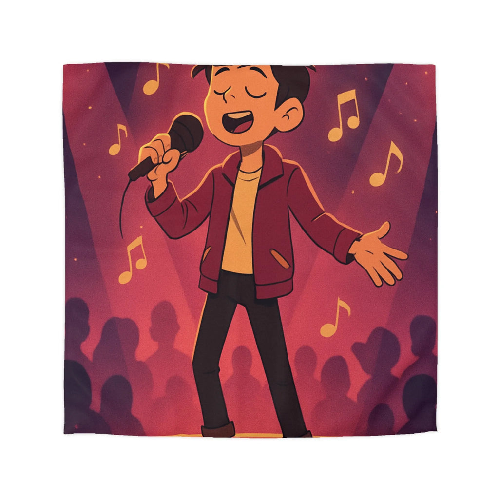 Housse de couette animée chanteur sur scène, ambiance vive et musicale au cœur vibrant