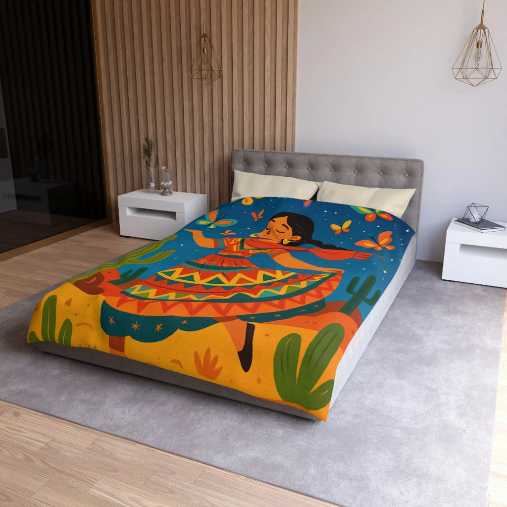 Housse de couette design vibrant danseuse avec papillons et paysage désert étoilé