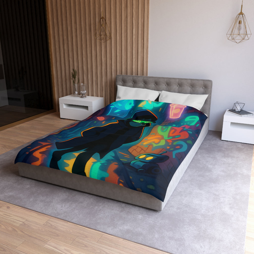 Housse de couette néon, ruelle urbaine cyberpunk avec technologie futuriste et graffitis colorés