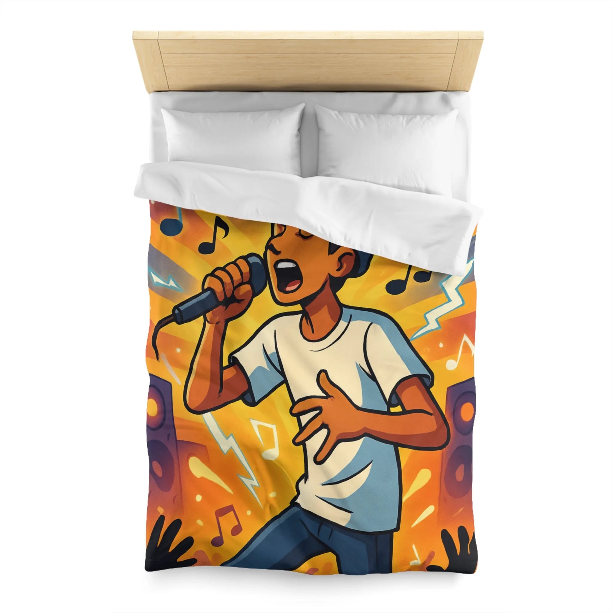 Housse de couette ambiance concert urbain avec chanteur et éclairs musicaux colorés