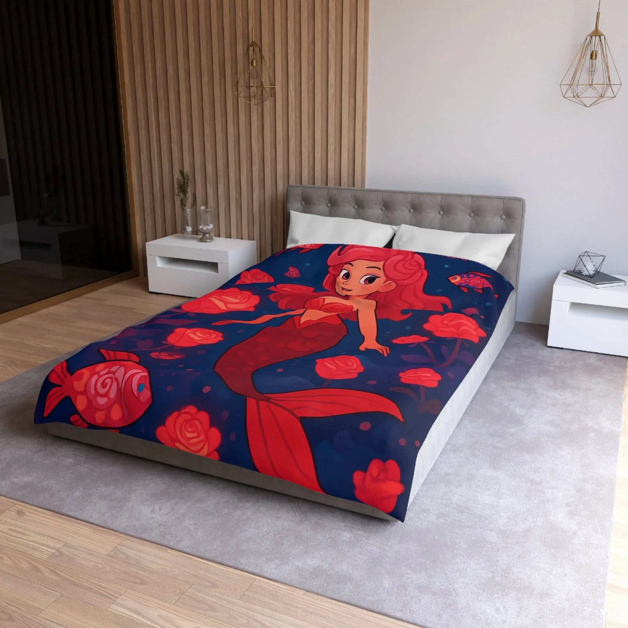 Enchantante scène de sirène rouge entourée de roses lumineuses et poissons fascinants