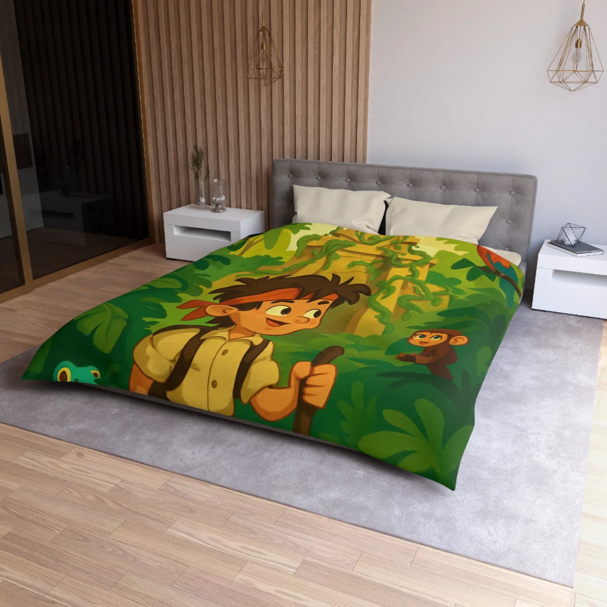 Housse de couette aventure jungle exotique pour chambre d'enfant avec animaux et temple