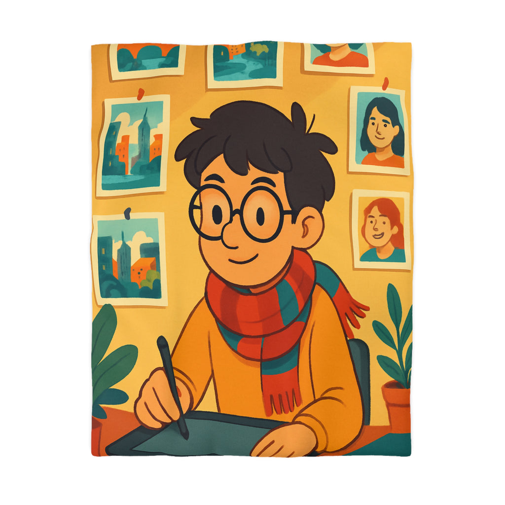 Housse de couette moderne avec illustrations colorées d'artiste travaillant dans un studio créatif