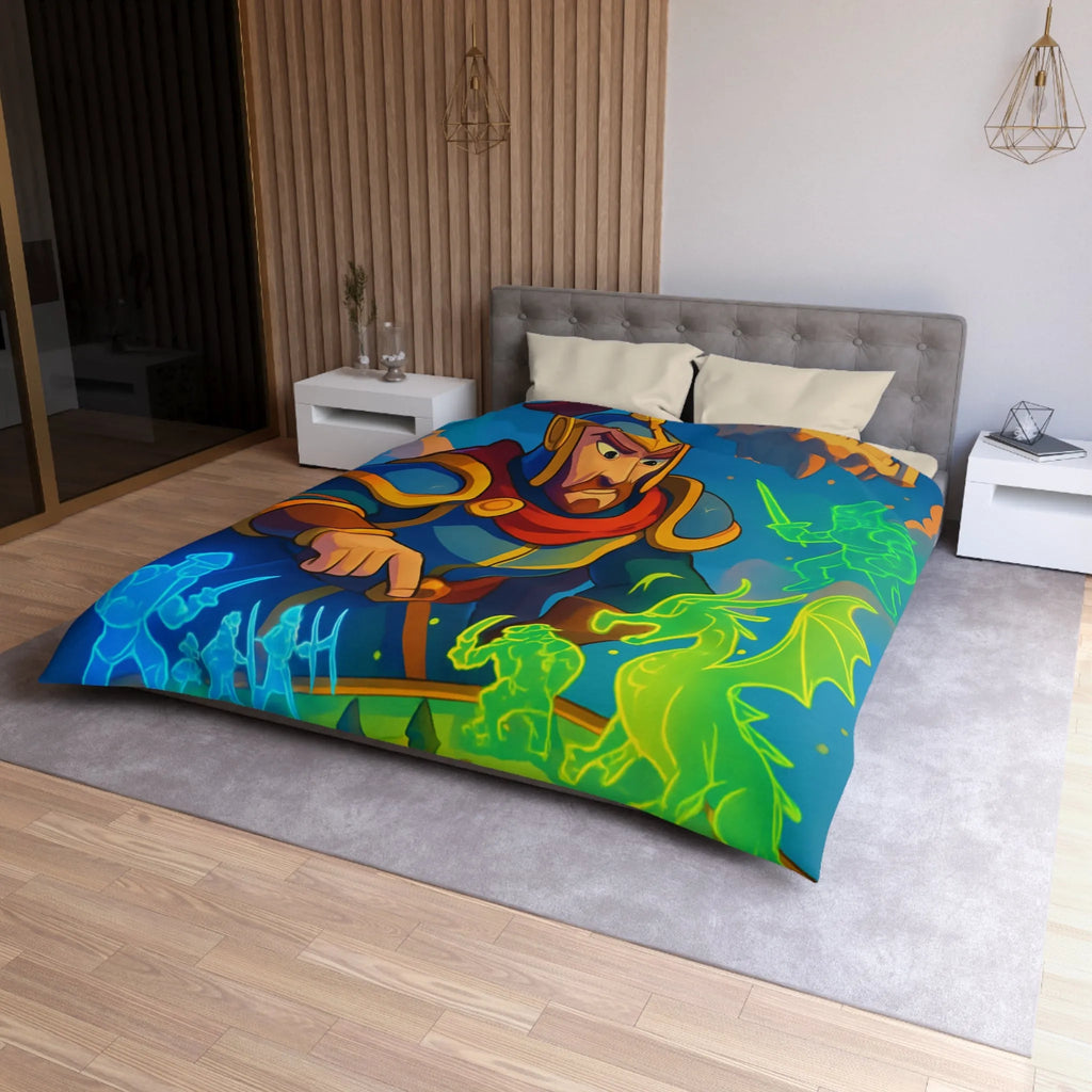 Housse de couette épique guerriers médiévaux et dragon sur plateau de jeu fantastique