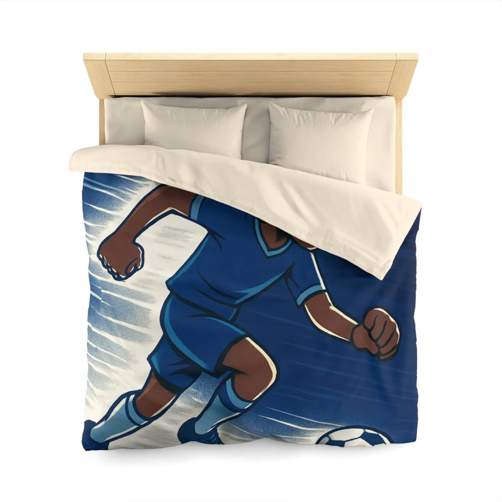 Housse de couette football dynamique garçon jouant au soccer style cartoon moderne bleu