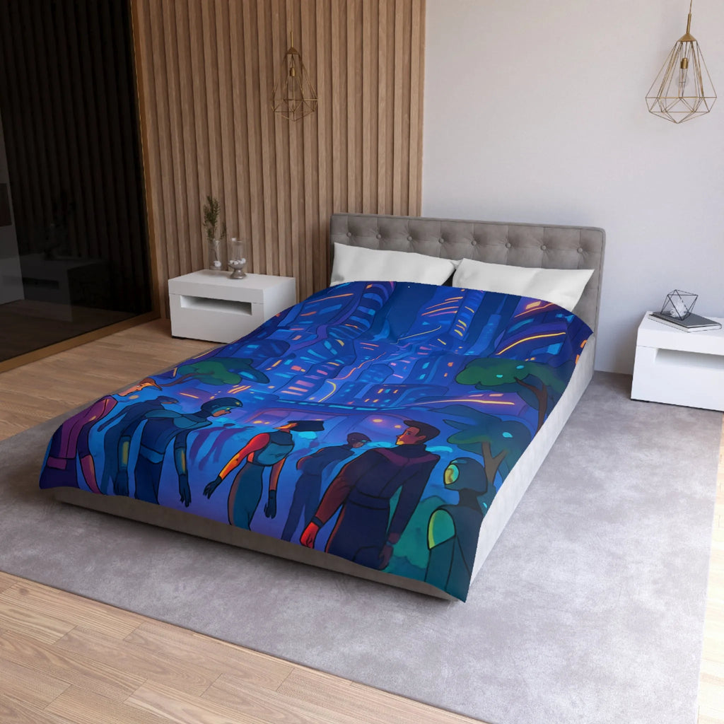 Housse de couette futuriste urbaine pour chambre moderne avec gratte-ciels illuminés la nuit