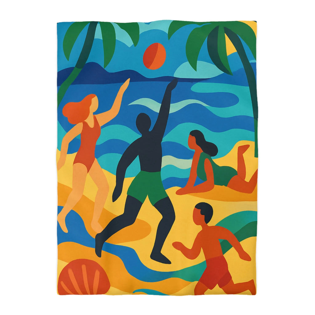 Housse de Couette Colorée Motif Plage Tropicale avec Palmiers et Activités Ludiques