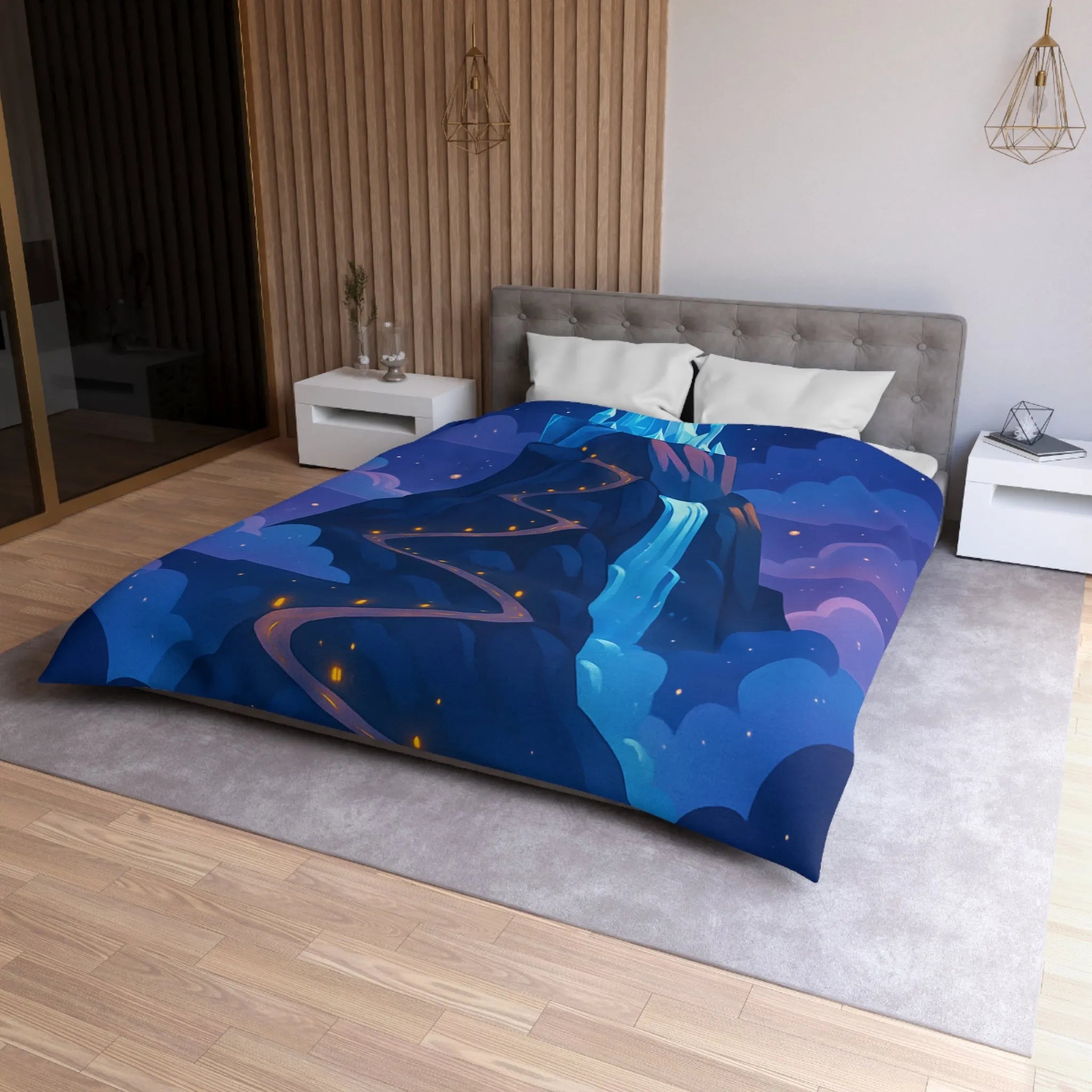Housse de couette avec château glacé sur montagne illuminée sous ciel étoilé féerique