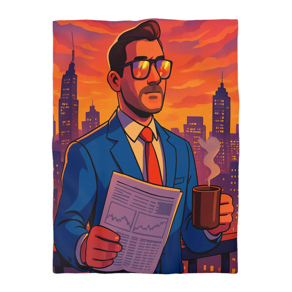 Housse de couette élégante avec silhouette urbaine et homme au coucher de soleil