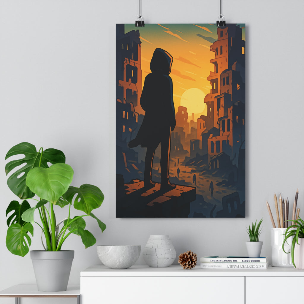 Poster décoratif silhouette encapuchonnée ville dévastée coucher soleil intense ambiance dramatique anime contrasté scène