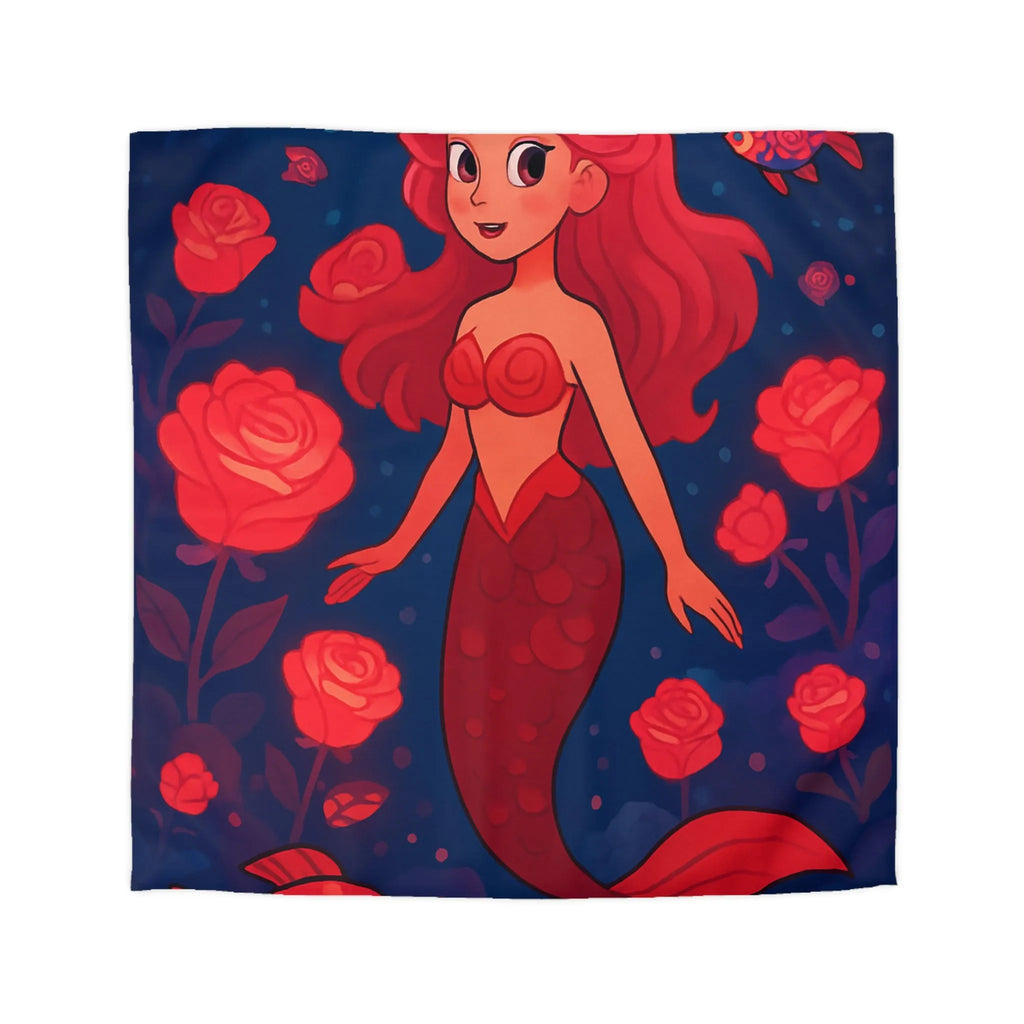 Enchantante scène de sirène rouge entourée de roses lumineuses et poissons fascinants