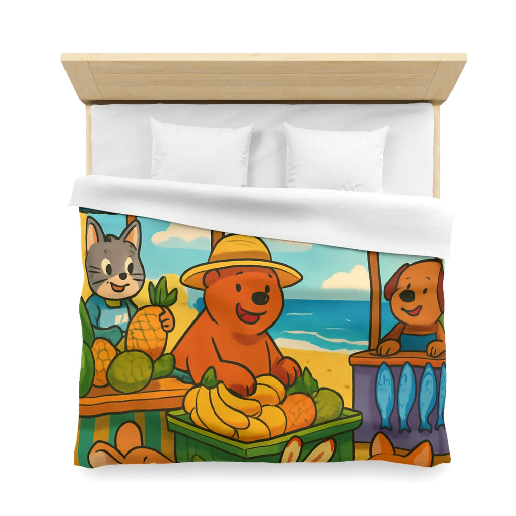 Housse de couette enfant avec animaux mignons sur plage et étals de fruits