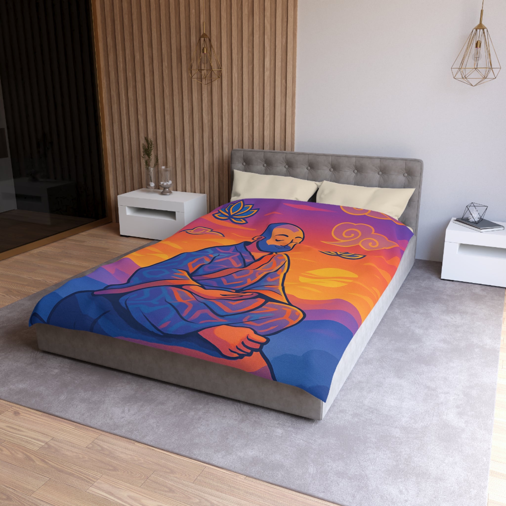 Housse de Couette Zen Moine Méditant au Coucher de Soleil Avec Fleurs de Lotus