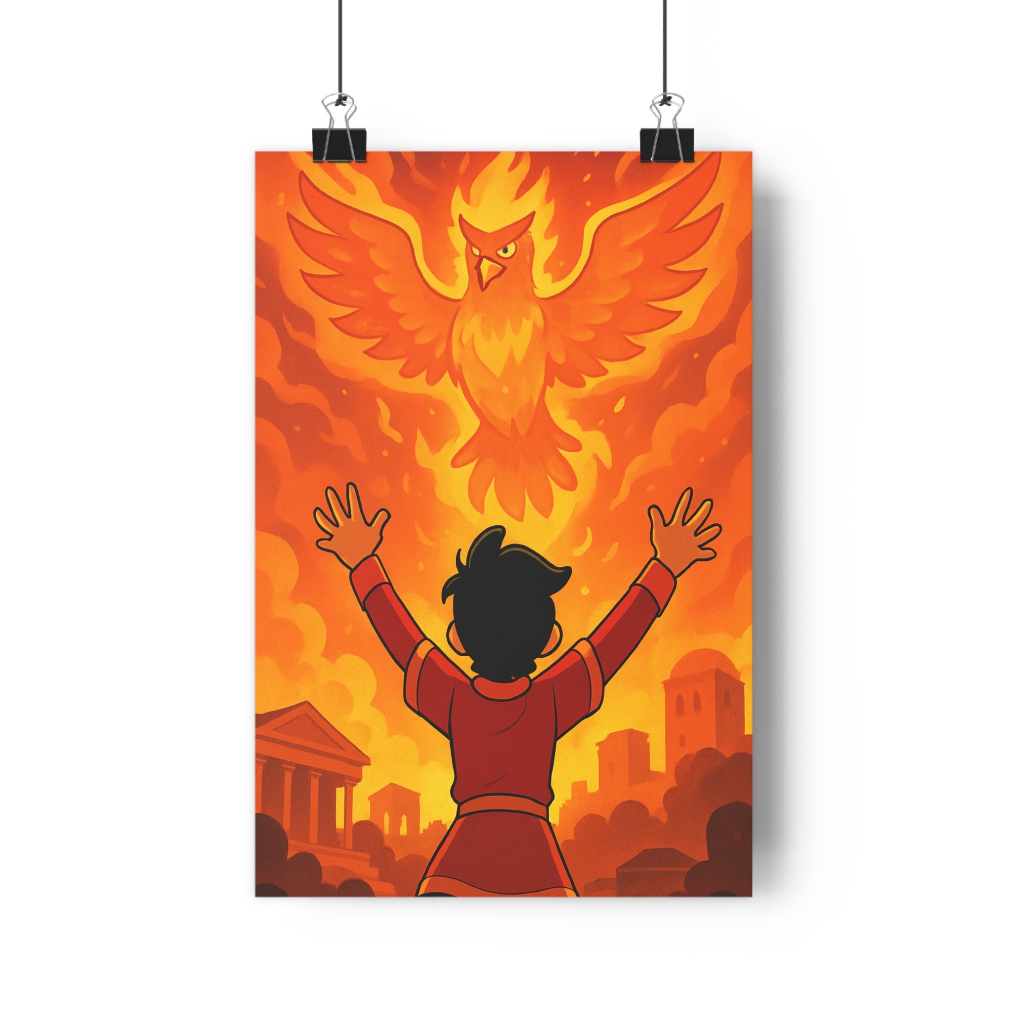 Poster décoratif animé phénix rouge orange mystique épique chambre salon ambiance intense captivant vibrant