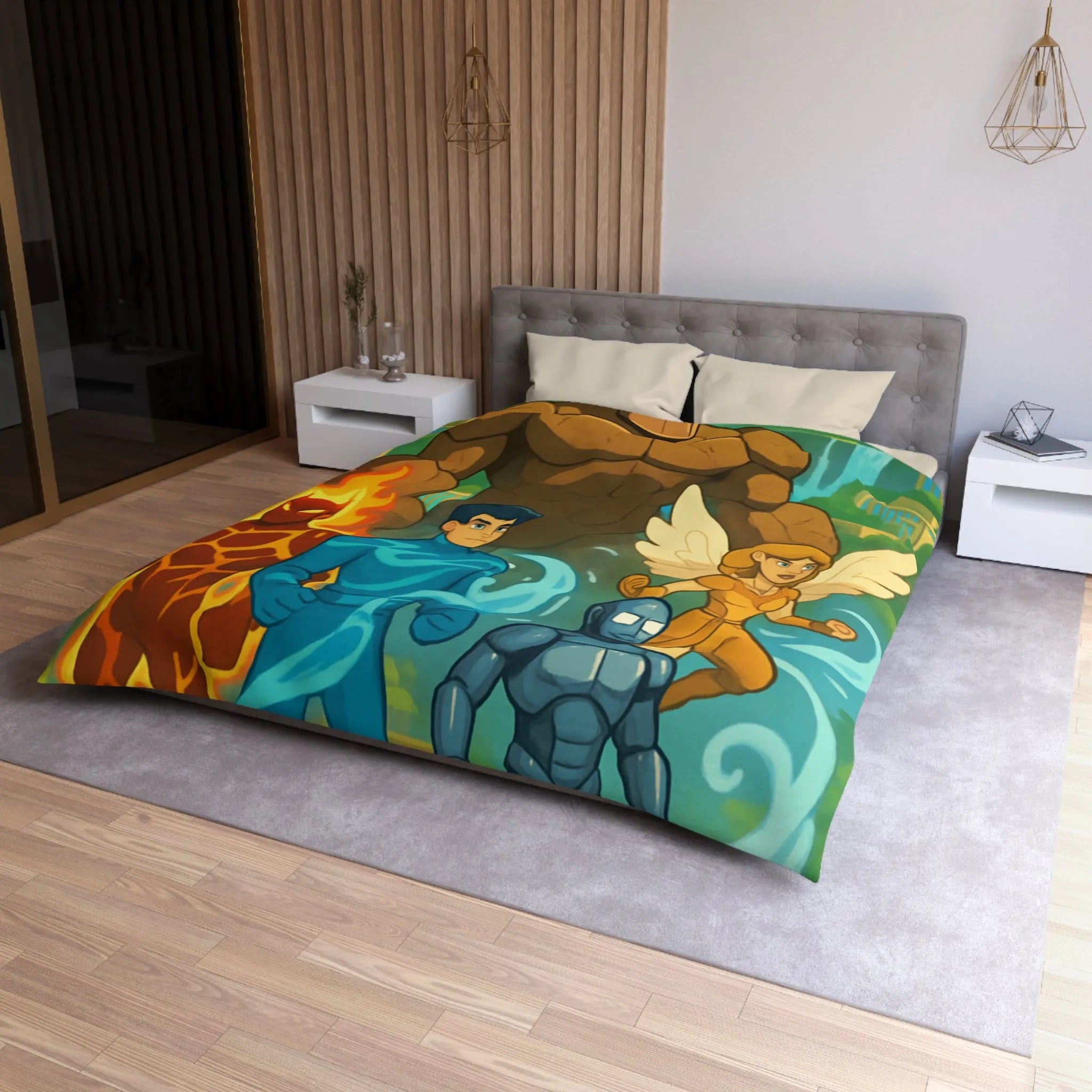 Housse de couette avec personnages héroïques et paysage fantastique inspirant enfant et adolescent