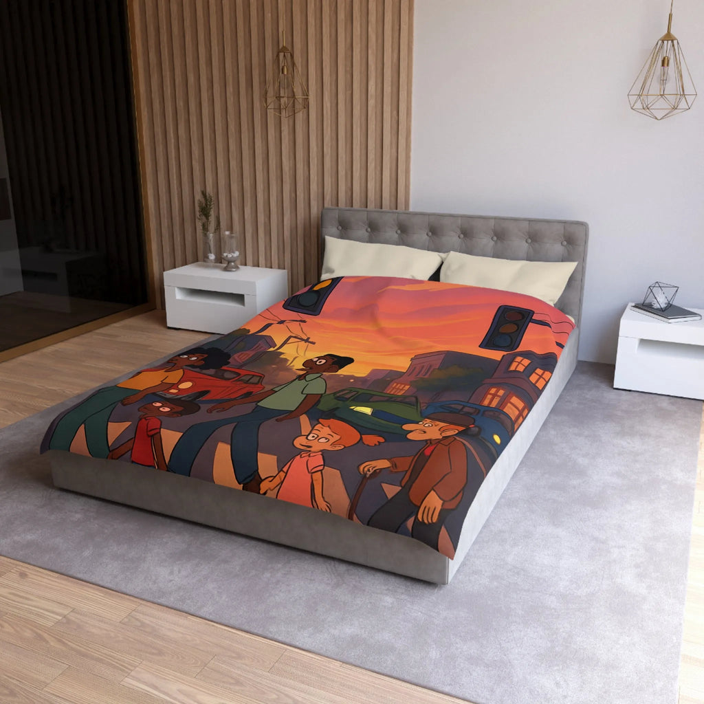 Housse de couette coucher de soleil urbain coloré, personnages divers traversant rue animée