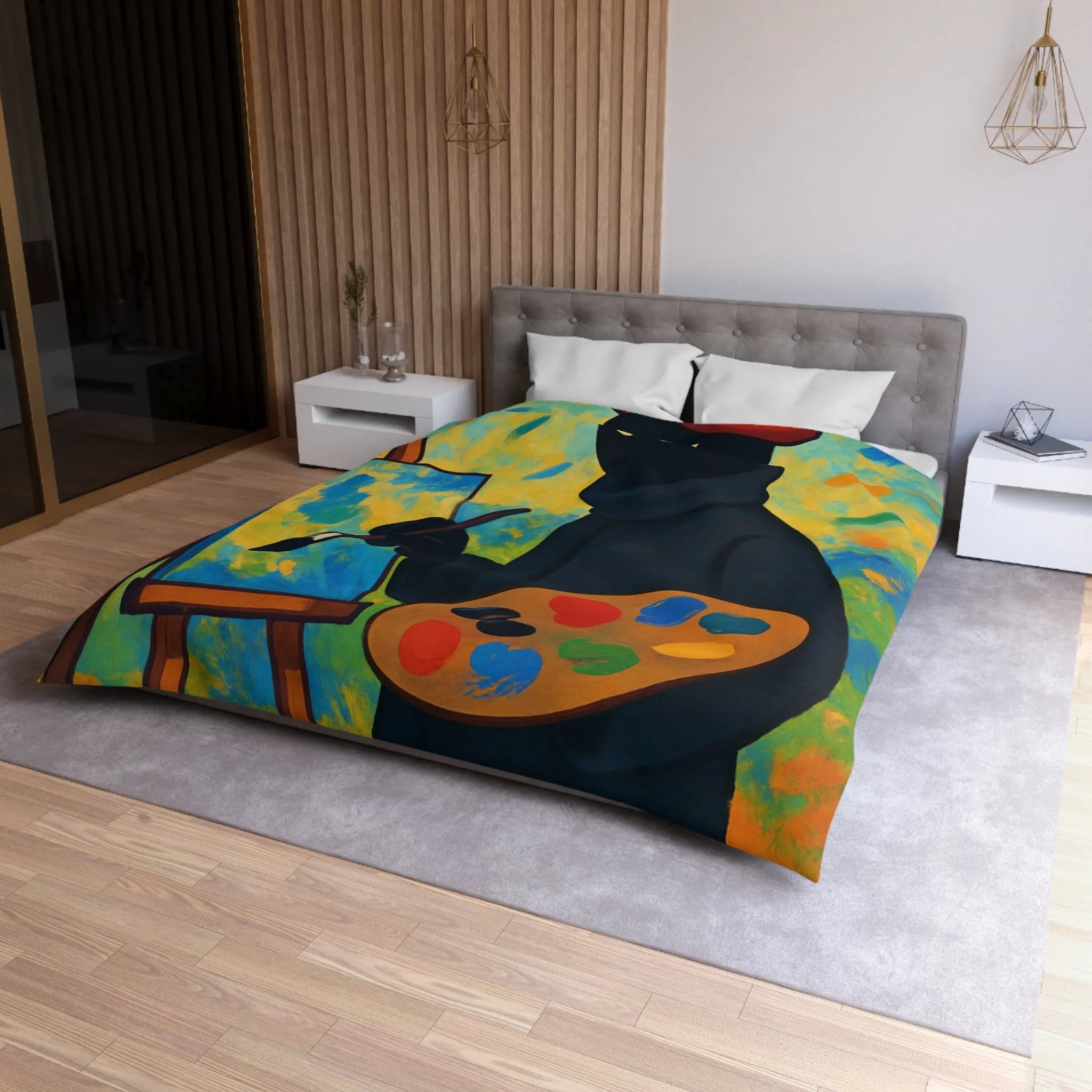 Housse de couette artiste mystérieux avec palette et paysage abstrait coloré