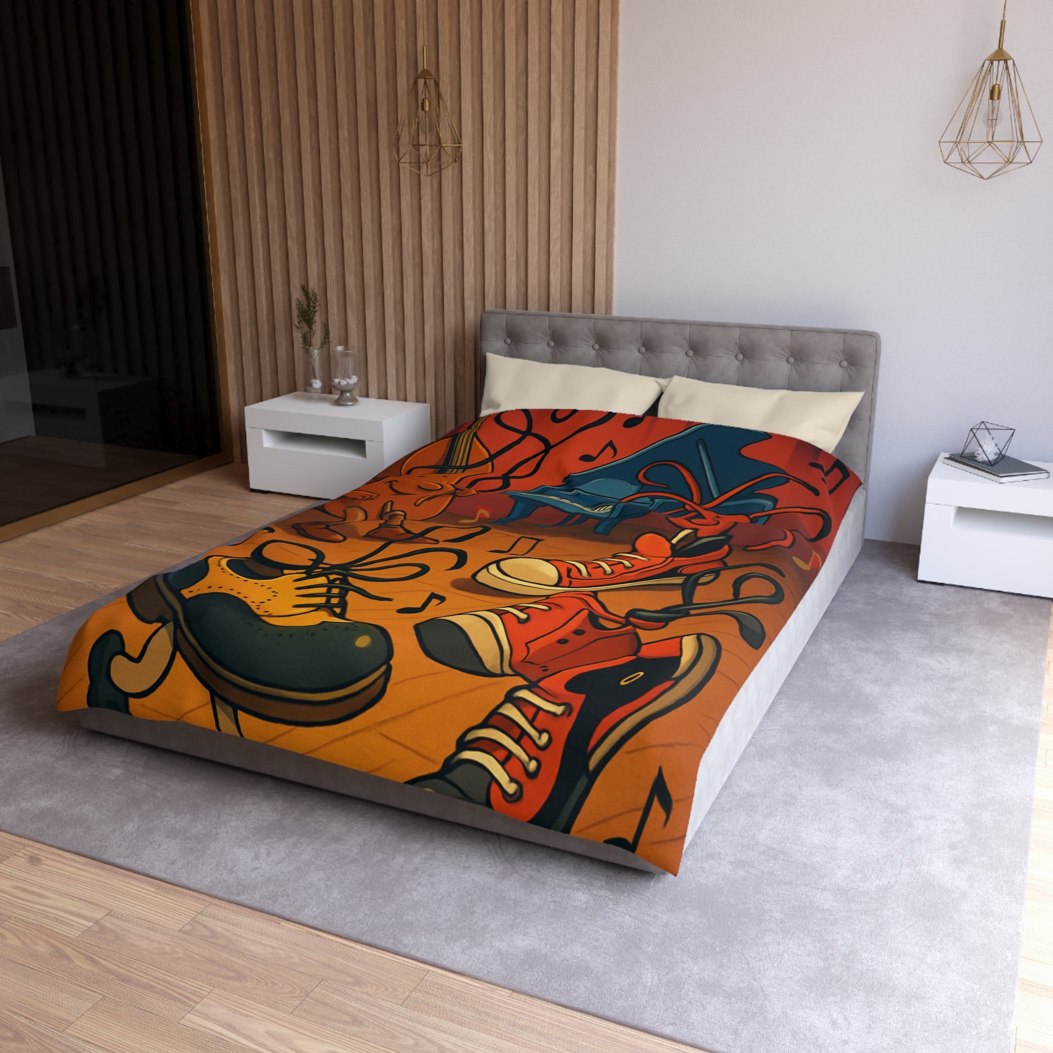 Housse de couette originale et colorée avec des instruments et chaussures dansantes dessin animé