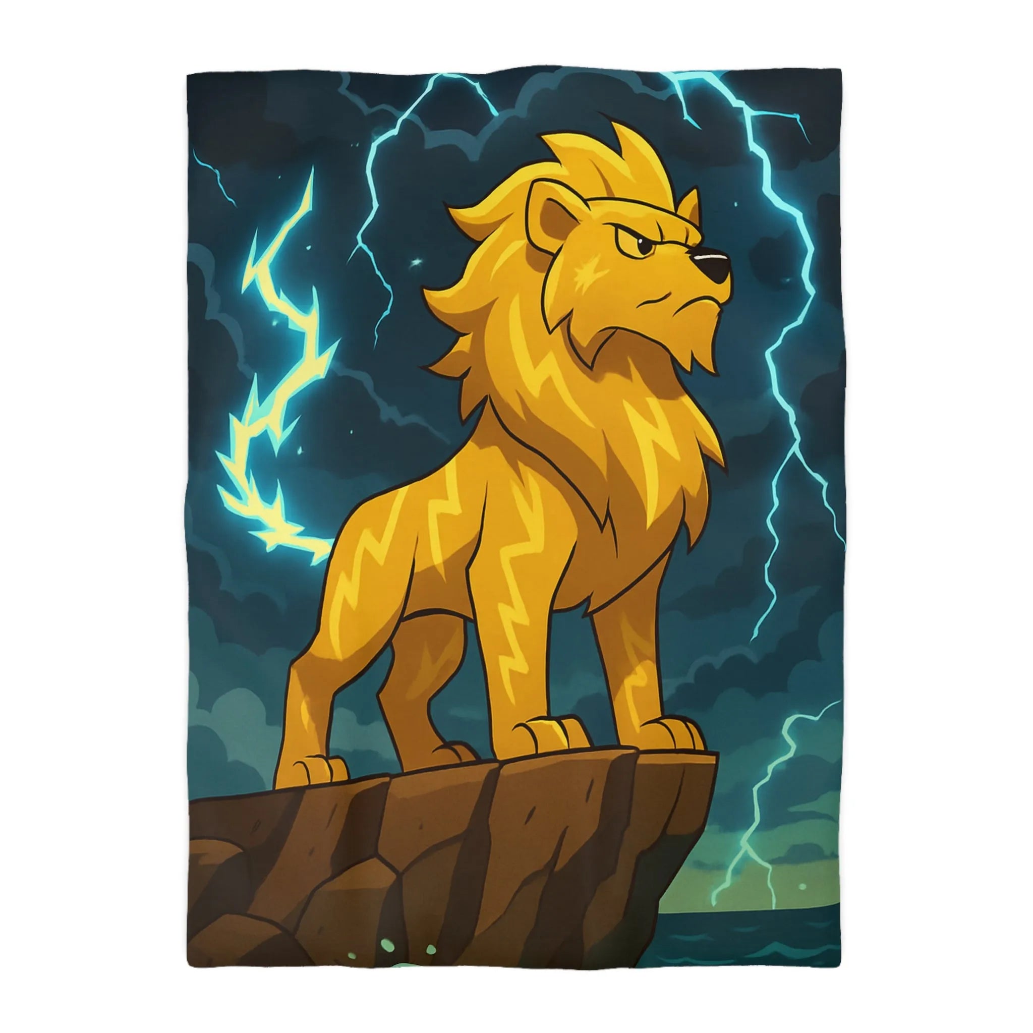 Housse de couette lion éclair lumineux, style animé, ambiance puissante, couleurs vibrantes